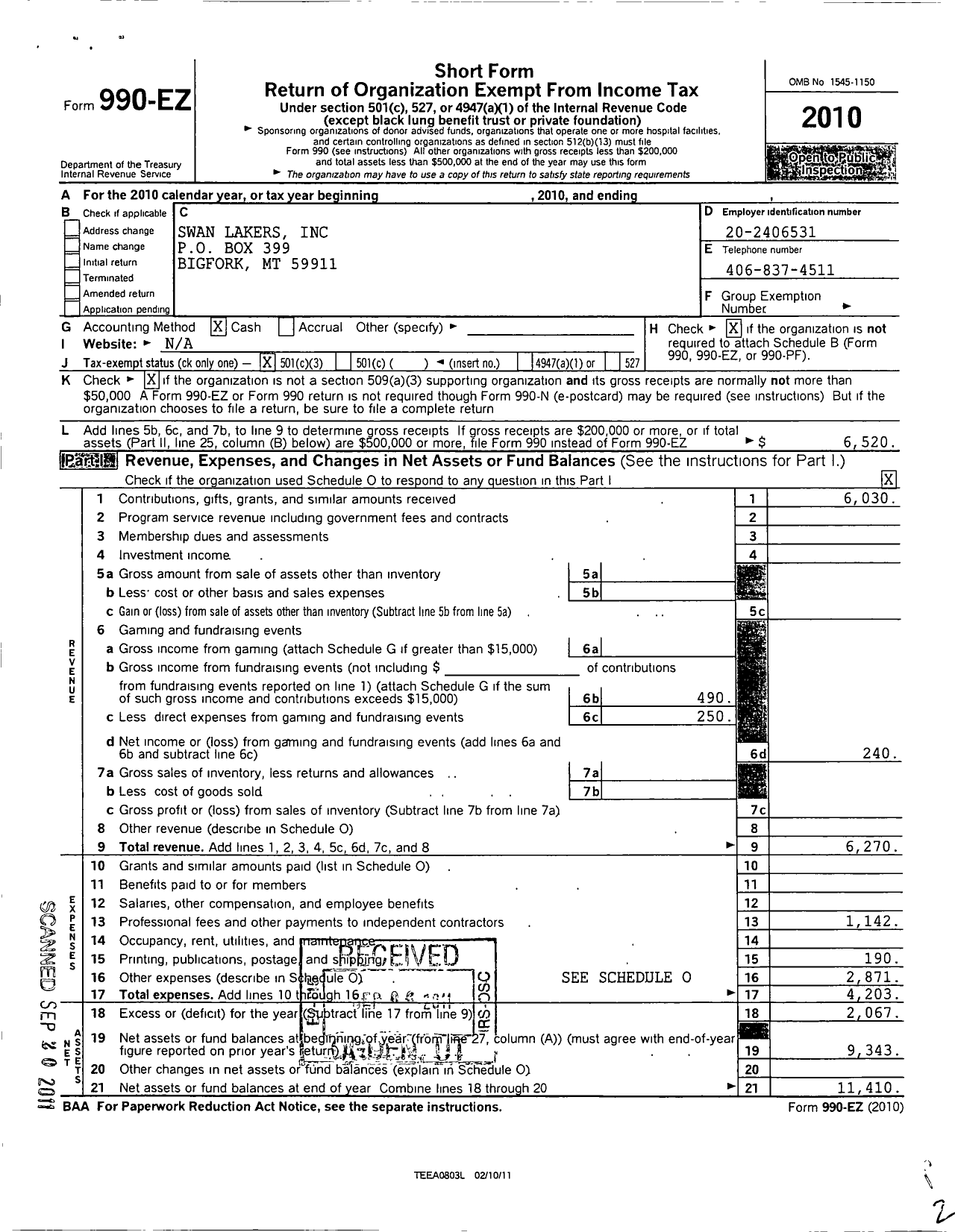 Image of first page of 2010 Form 990EZ for Swan Lakers