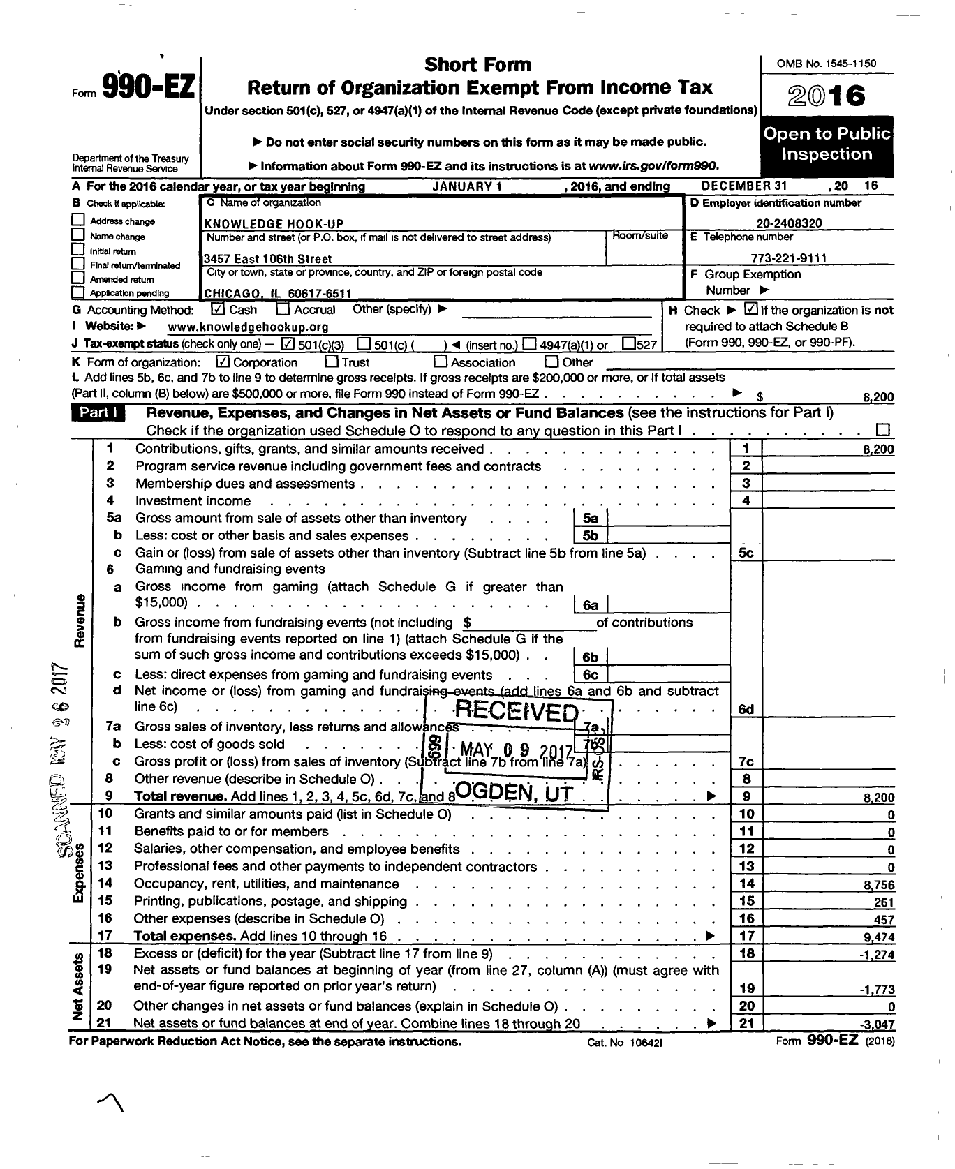 Image of first page of 2016 Form 990EZ for Knowledge Hook-Up