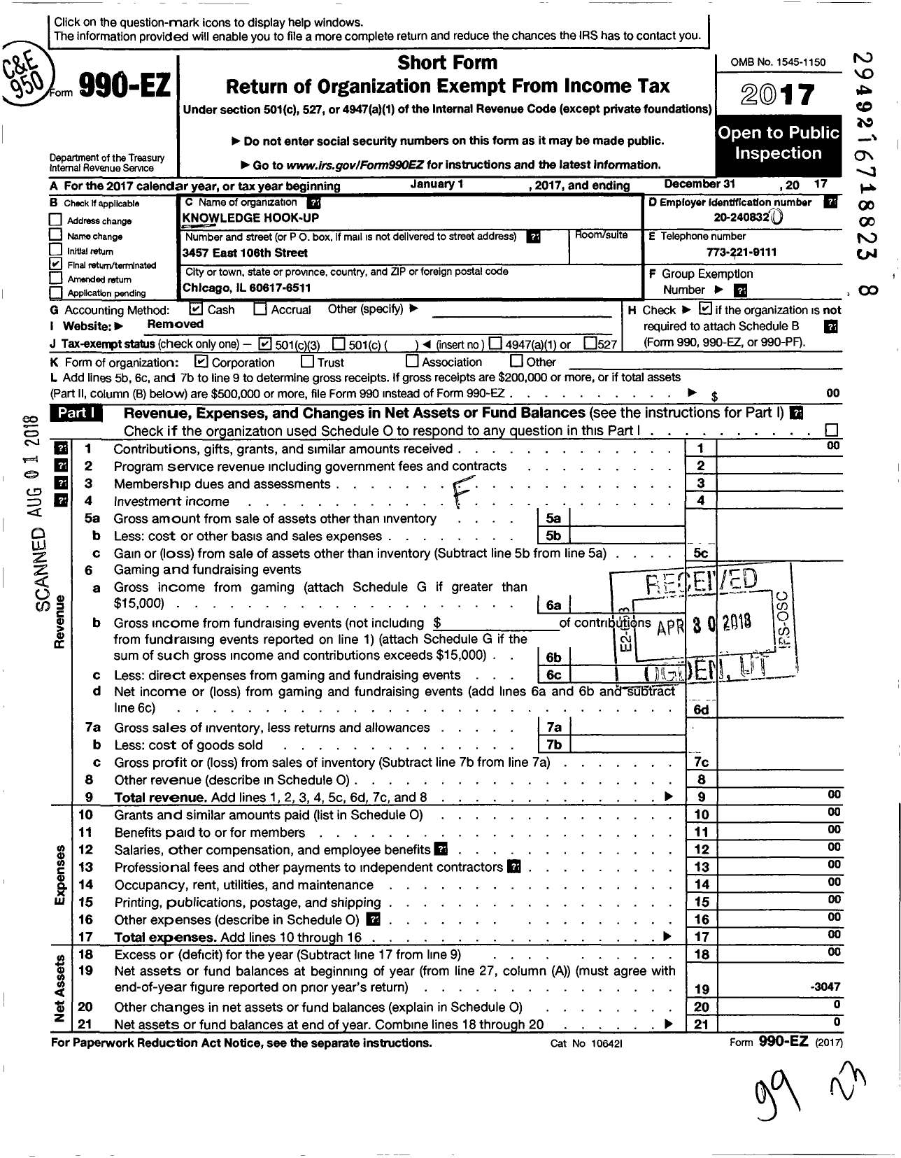 Image of first page of 2017 Form 990EZ for Knowledge Hook-Up