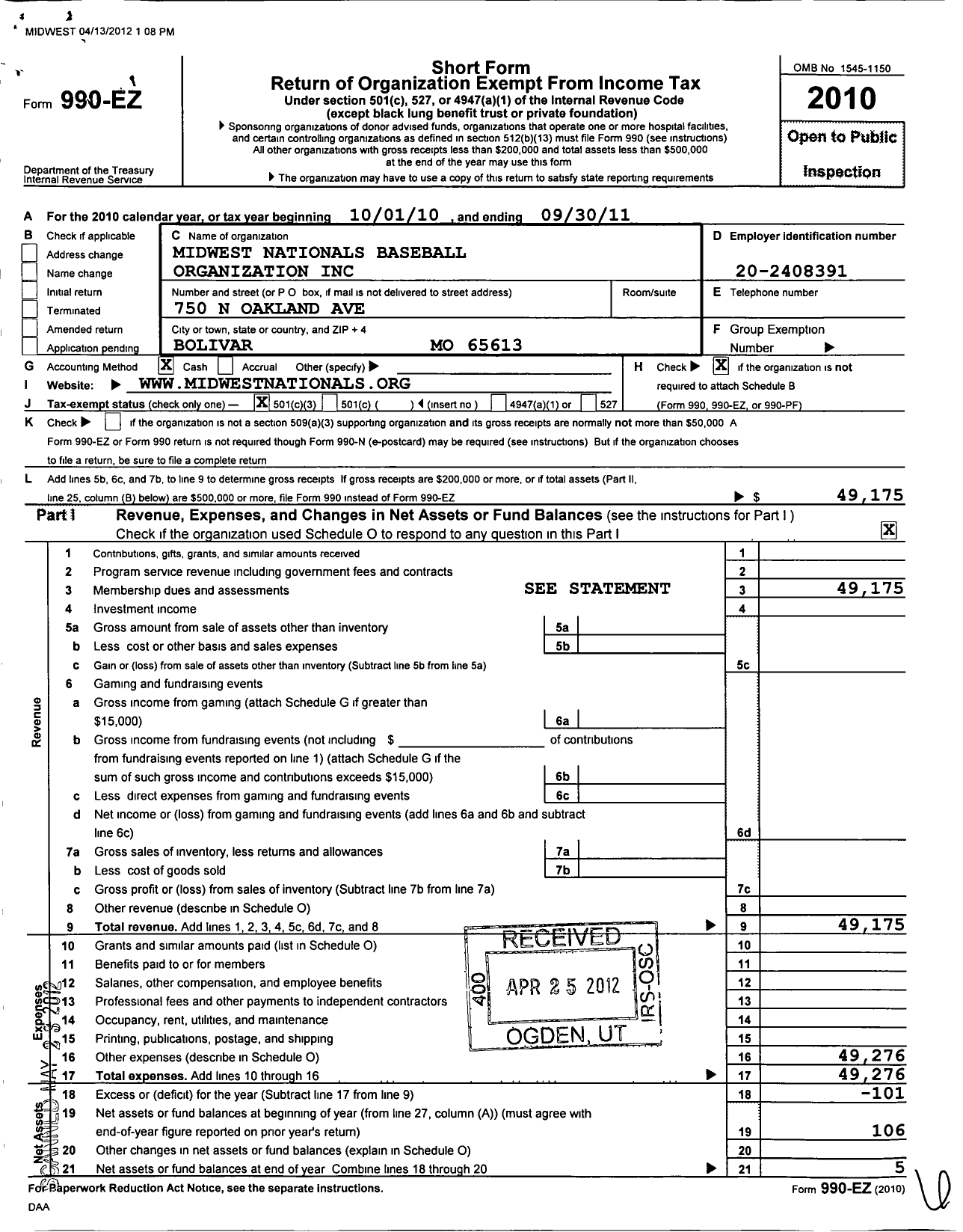 Image of first page of 2010 Form 990EZ for Midwest Nationals Baseball Organization