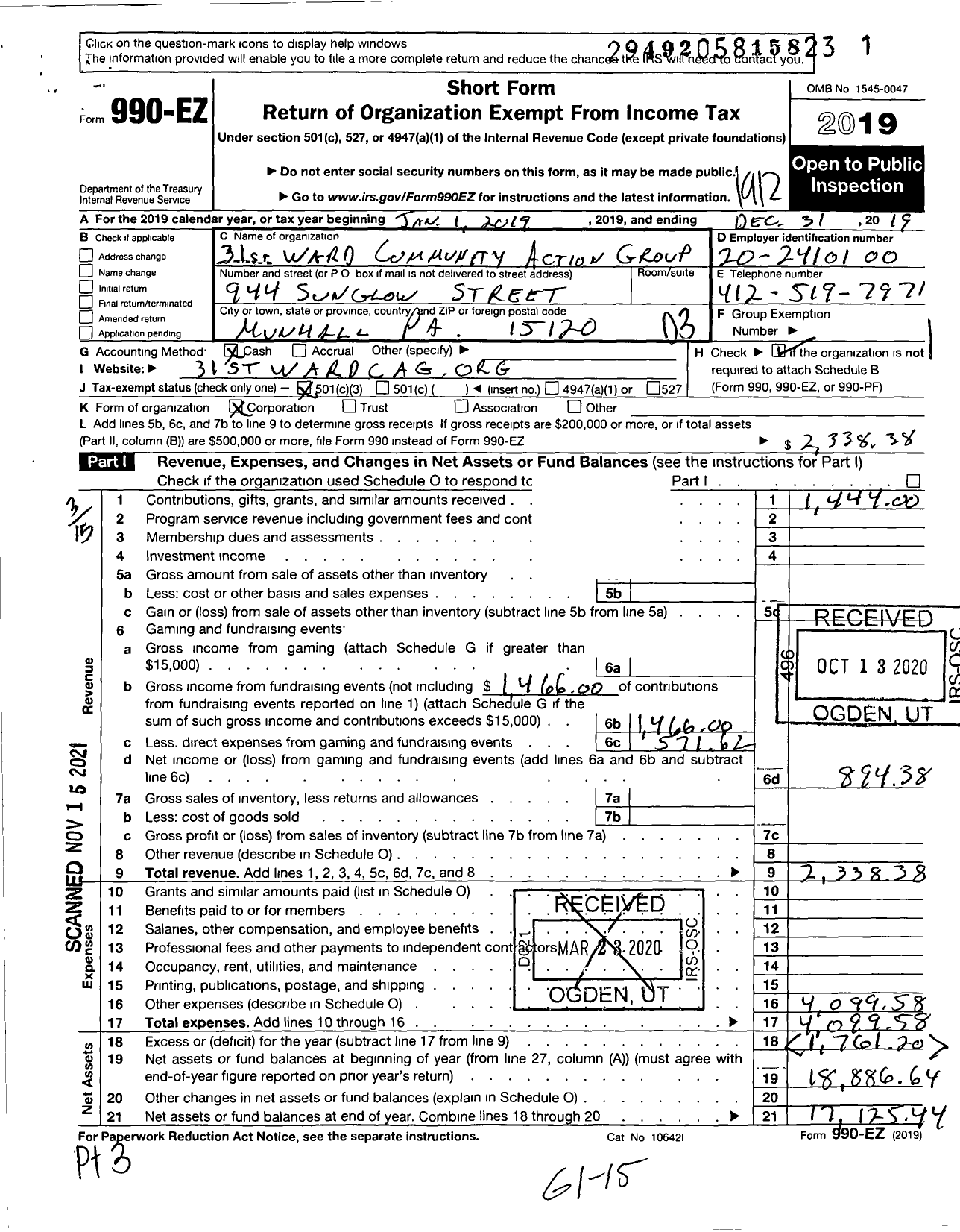 Image of first page of 2019 Form 990EZ for 31st Ward Community Action Group