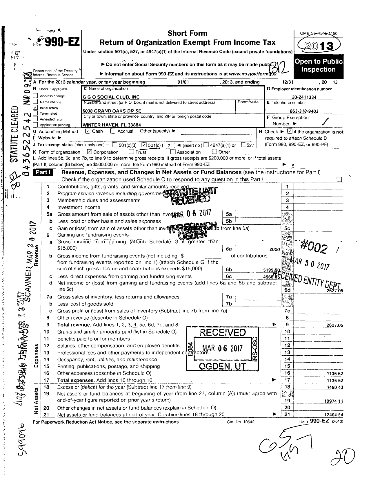 Image of first page of 2013 Form 990EO for G G O Social Club