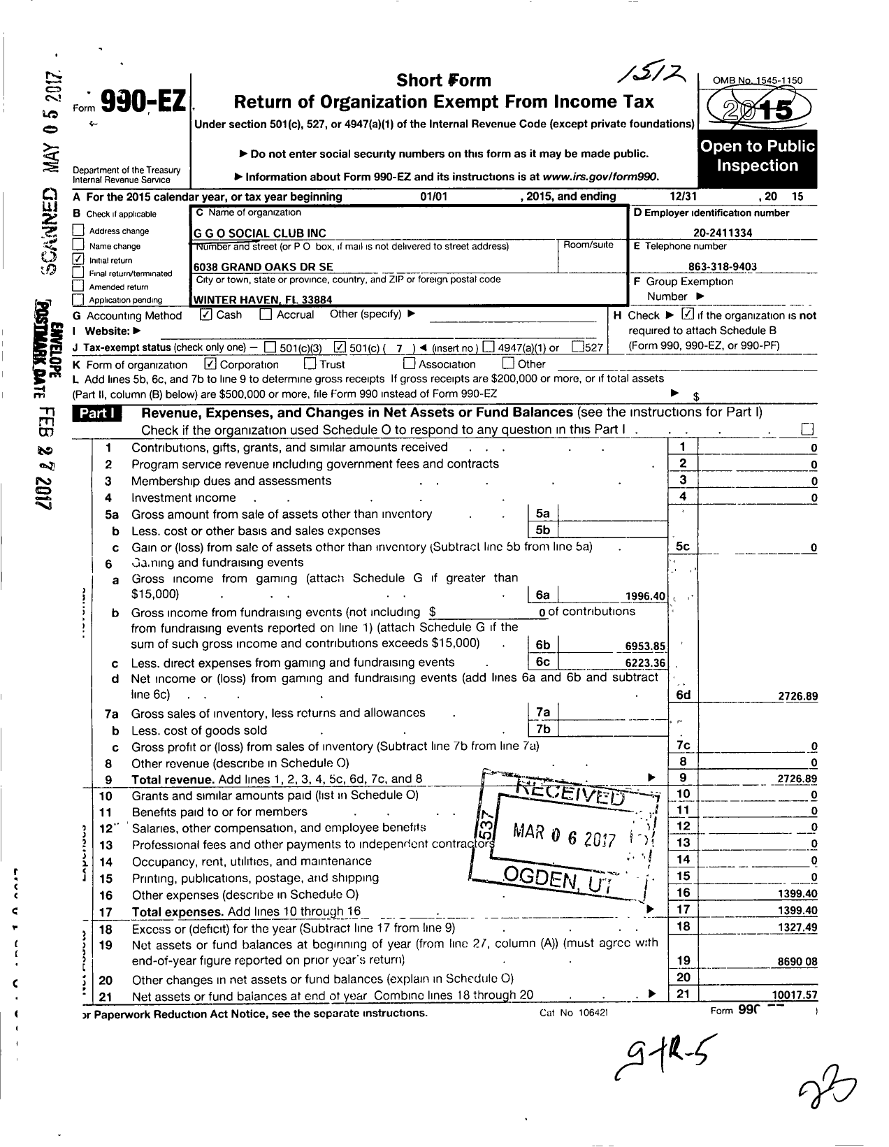 Image of first page of 2015 Form 990EO for G G O Social Club