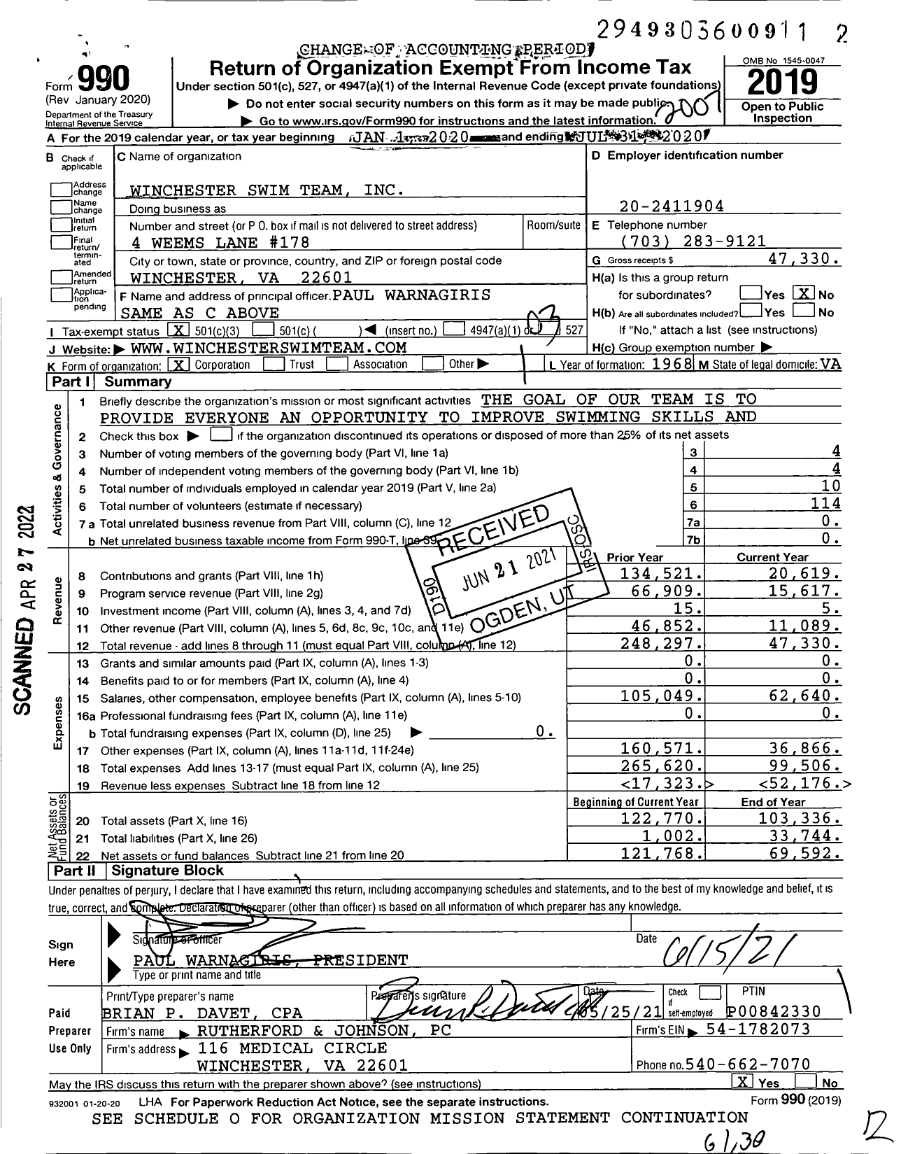 Image of first page of 2019 Form 990 for Winchester Swim Team