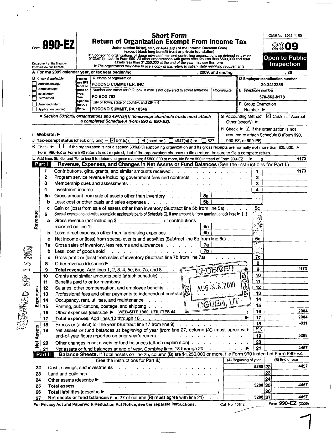 Image of first page of 2009 Form 990EO for Pocono Commuter