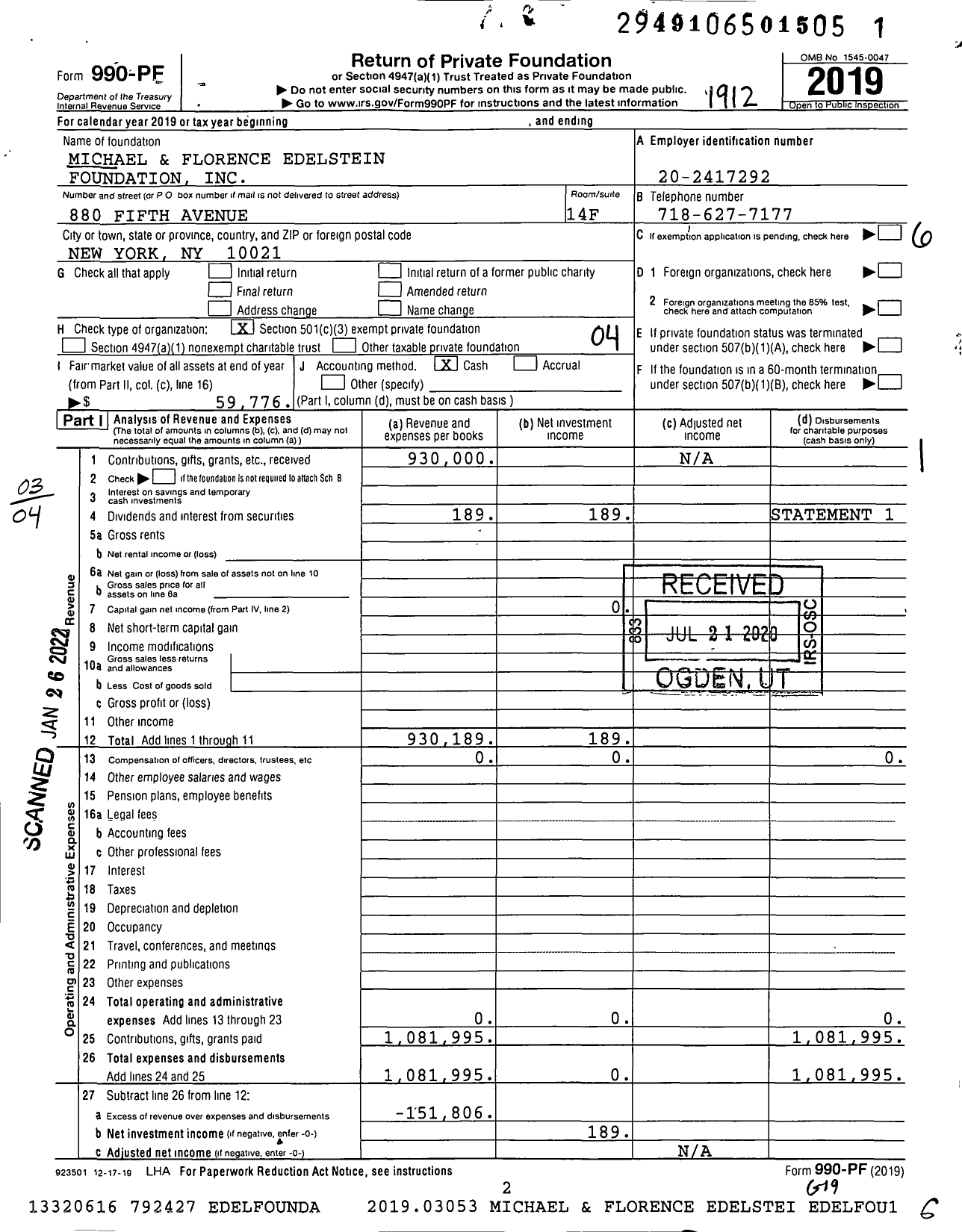 Image of first page of 2019 Form 990PF for Michael and Florence Edelstein Foundation