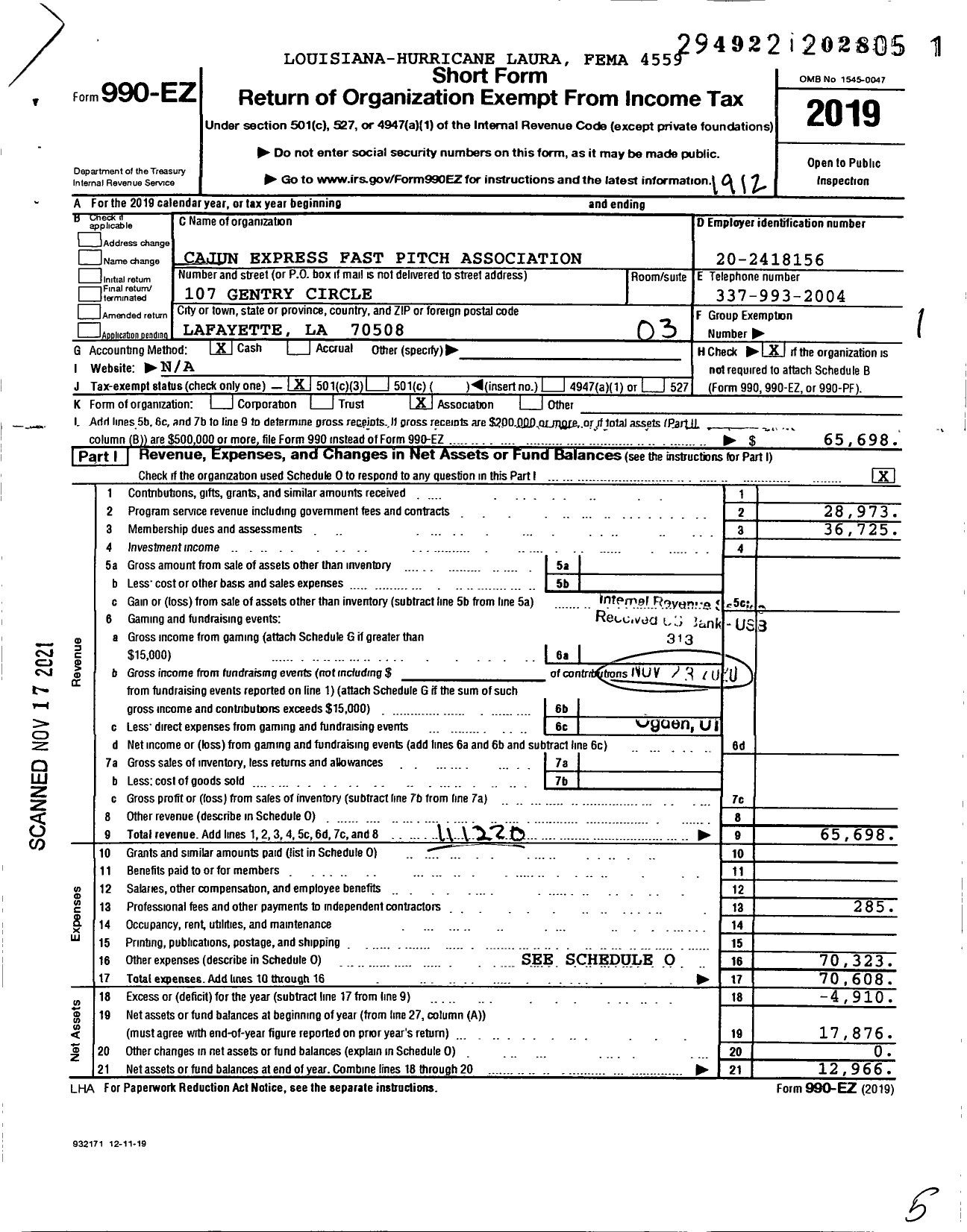 Image of first page of 2019 Form 990EZ for Cajun Express Fast Pitch Association