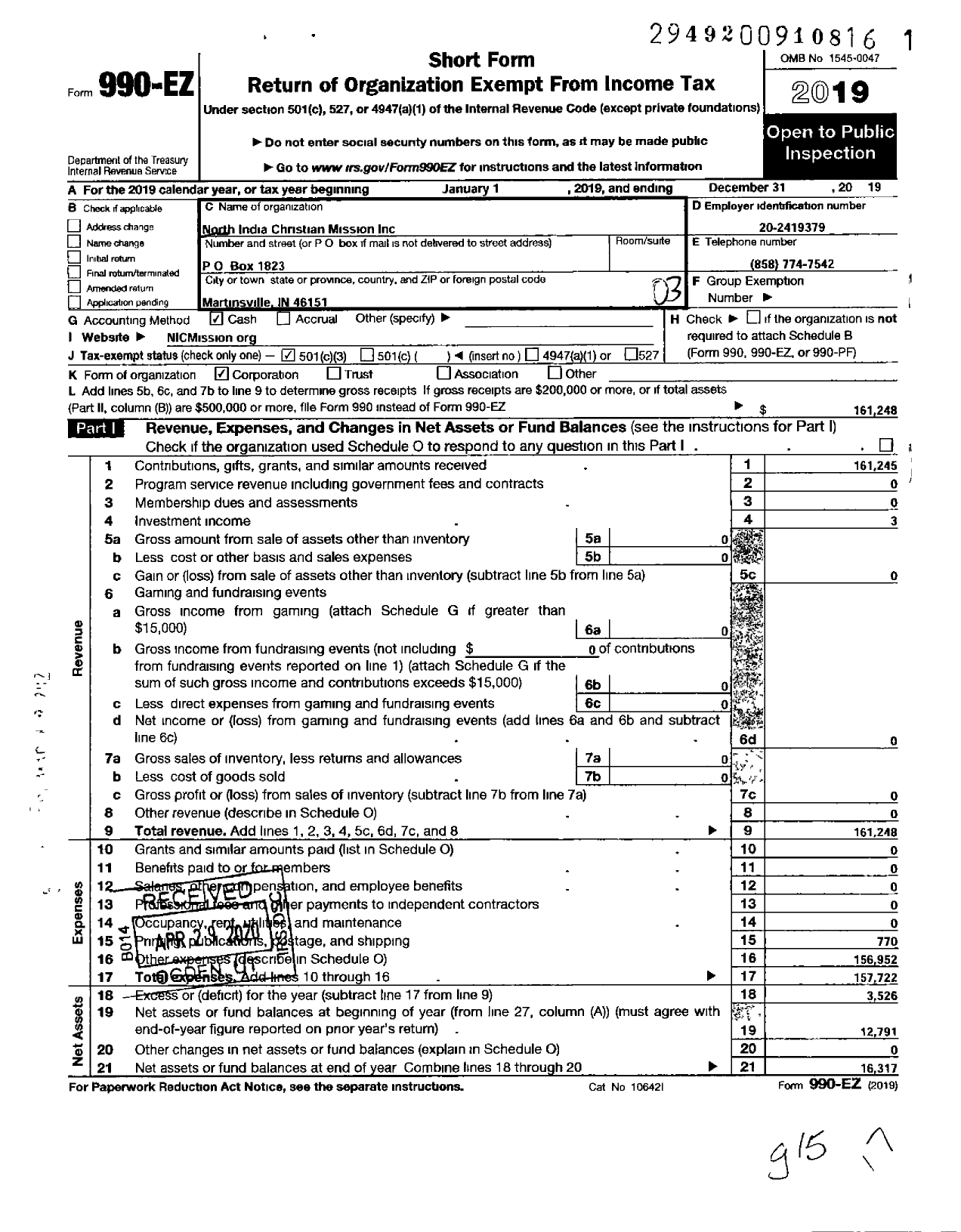 Image of first page of 2019 Form 990EZ for North India Christian Mission