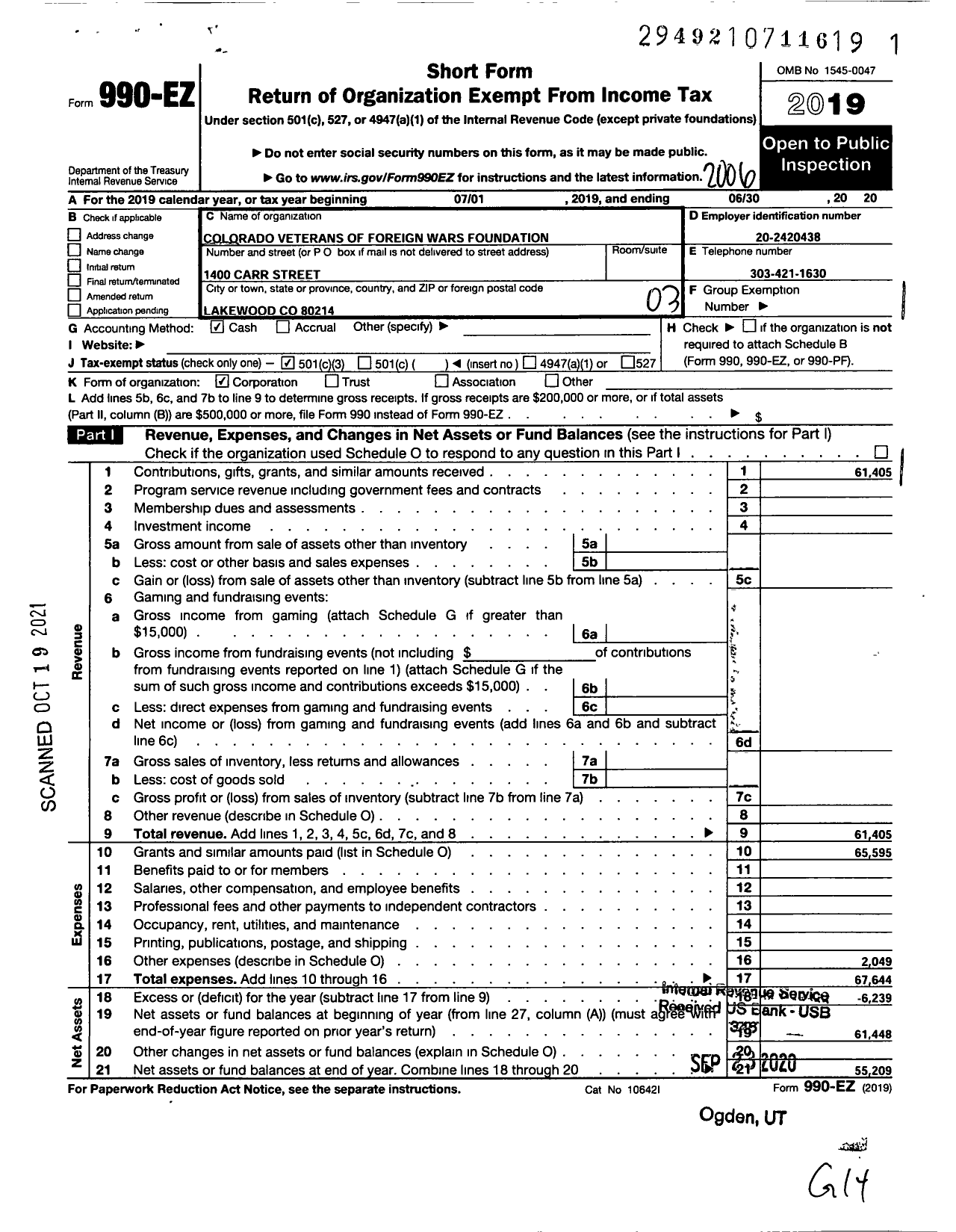 Image of first page of 2019 Form 990EZ for Colorado Veterans of Foreign Wars Foundation