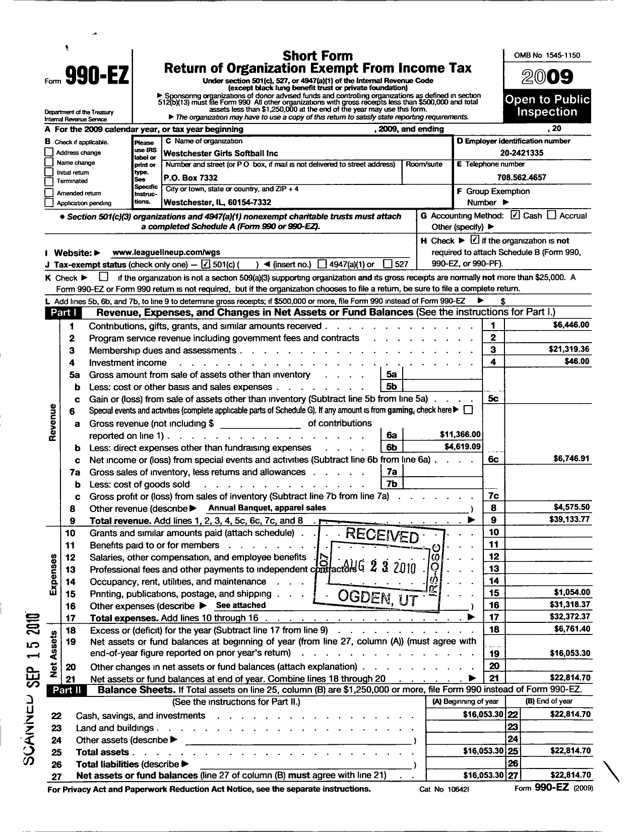 Image of first page of 2009 Form 990EO for Westchester Girls Softball