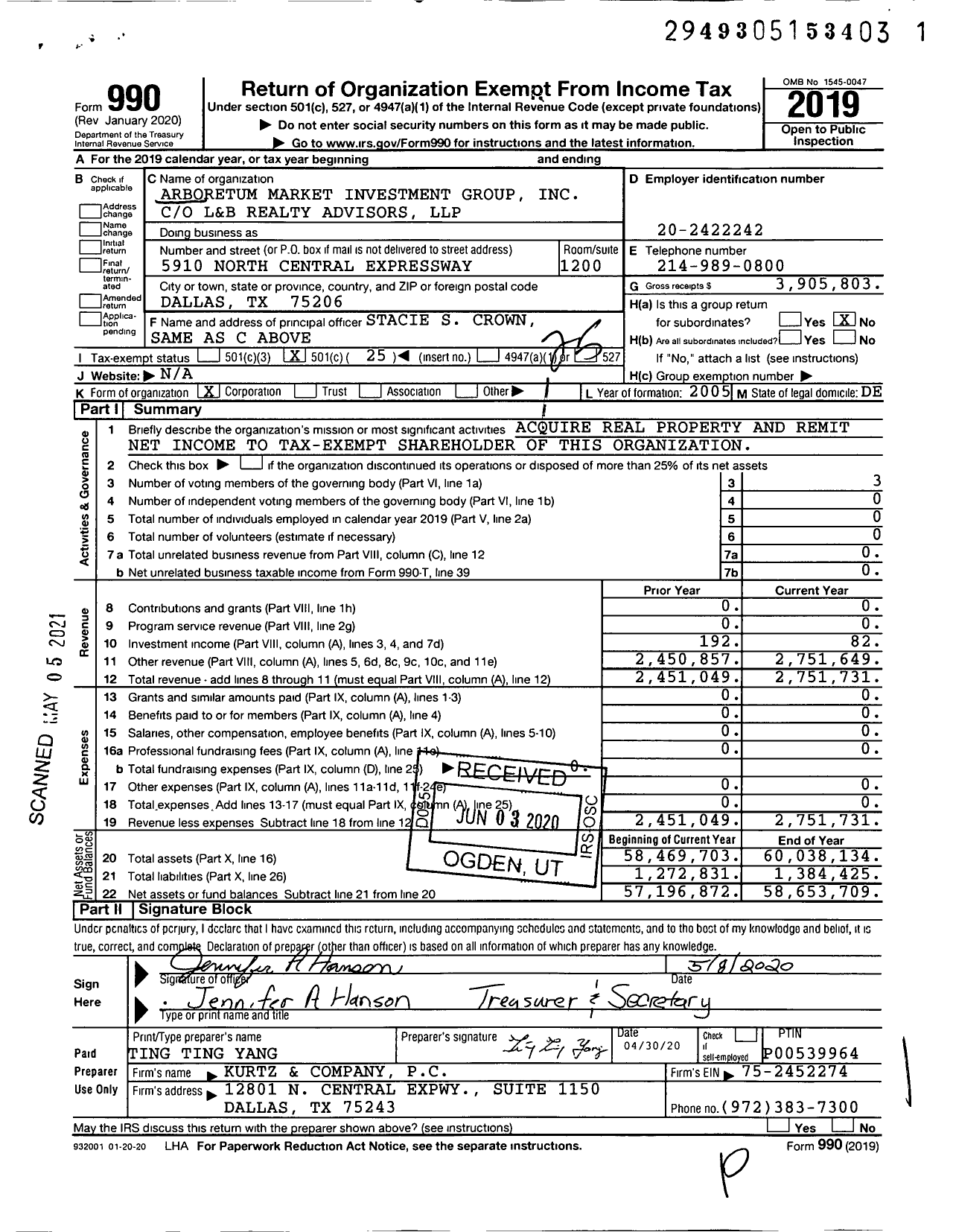 Image of first page of 2019 Form 990O for Arboretum Market Investment Group