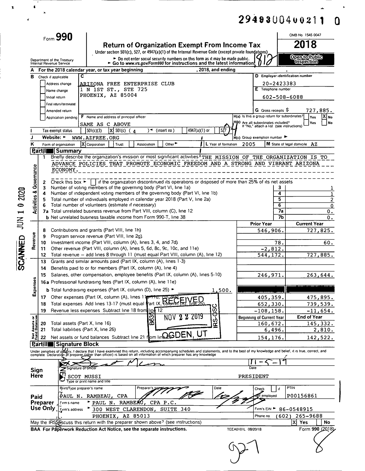 Image of first page of 2018 Form 990O for Arizona Free Enterprise Club