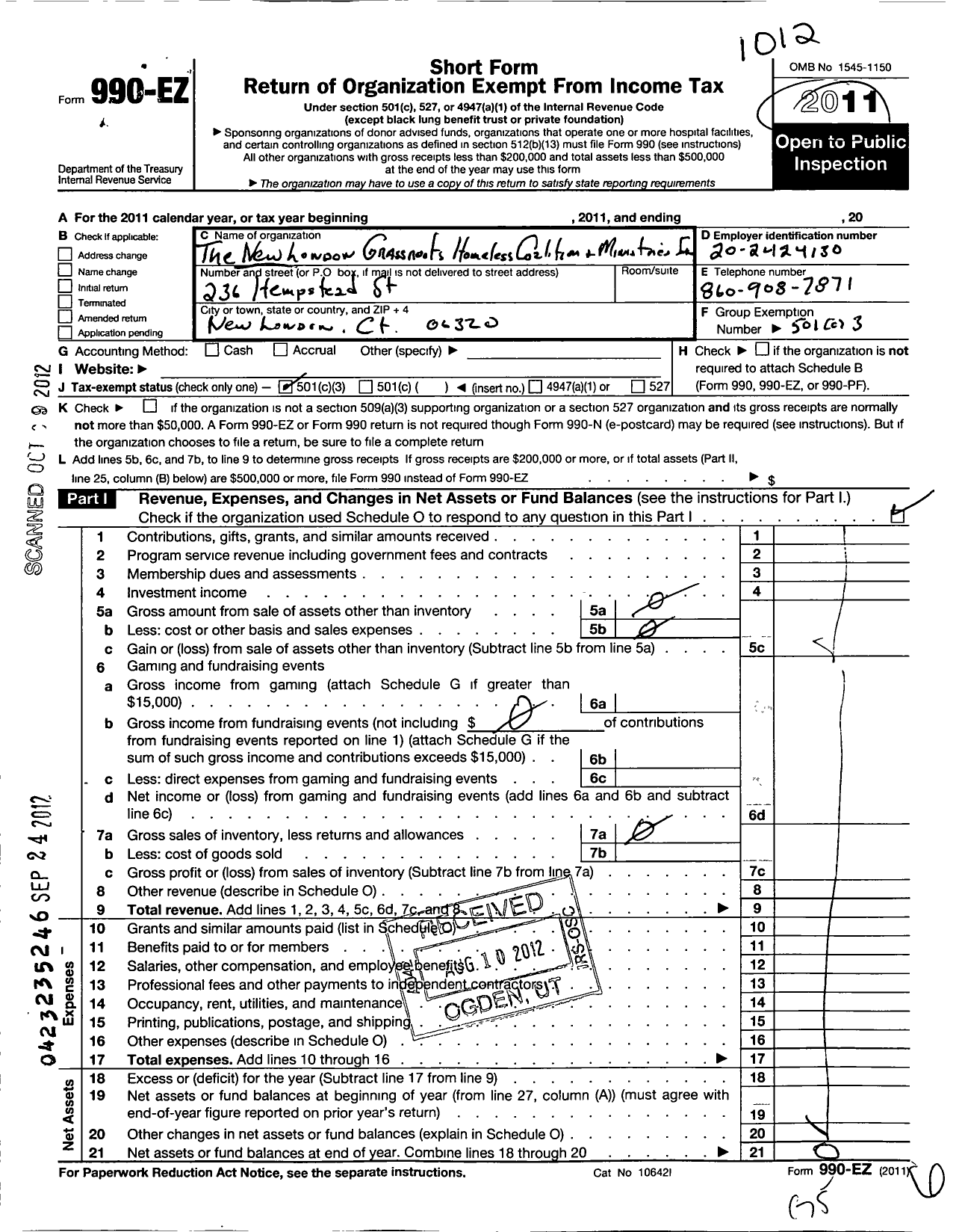 Image of first page of 2011 Form 990EZ for New London Grassroots Homeless Coalition and Ministry