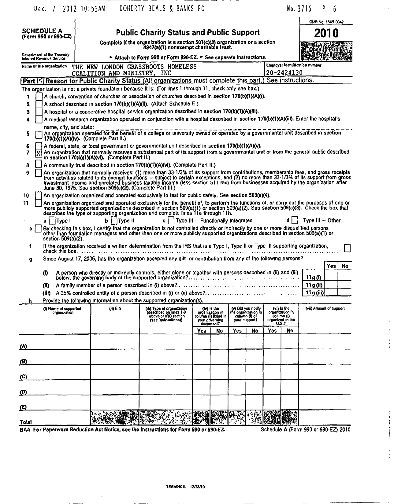 Image of first page of 2010 Form 990ER for New London Grassroots Homeless Coalition and Ministry