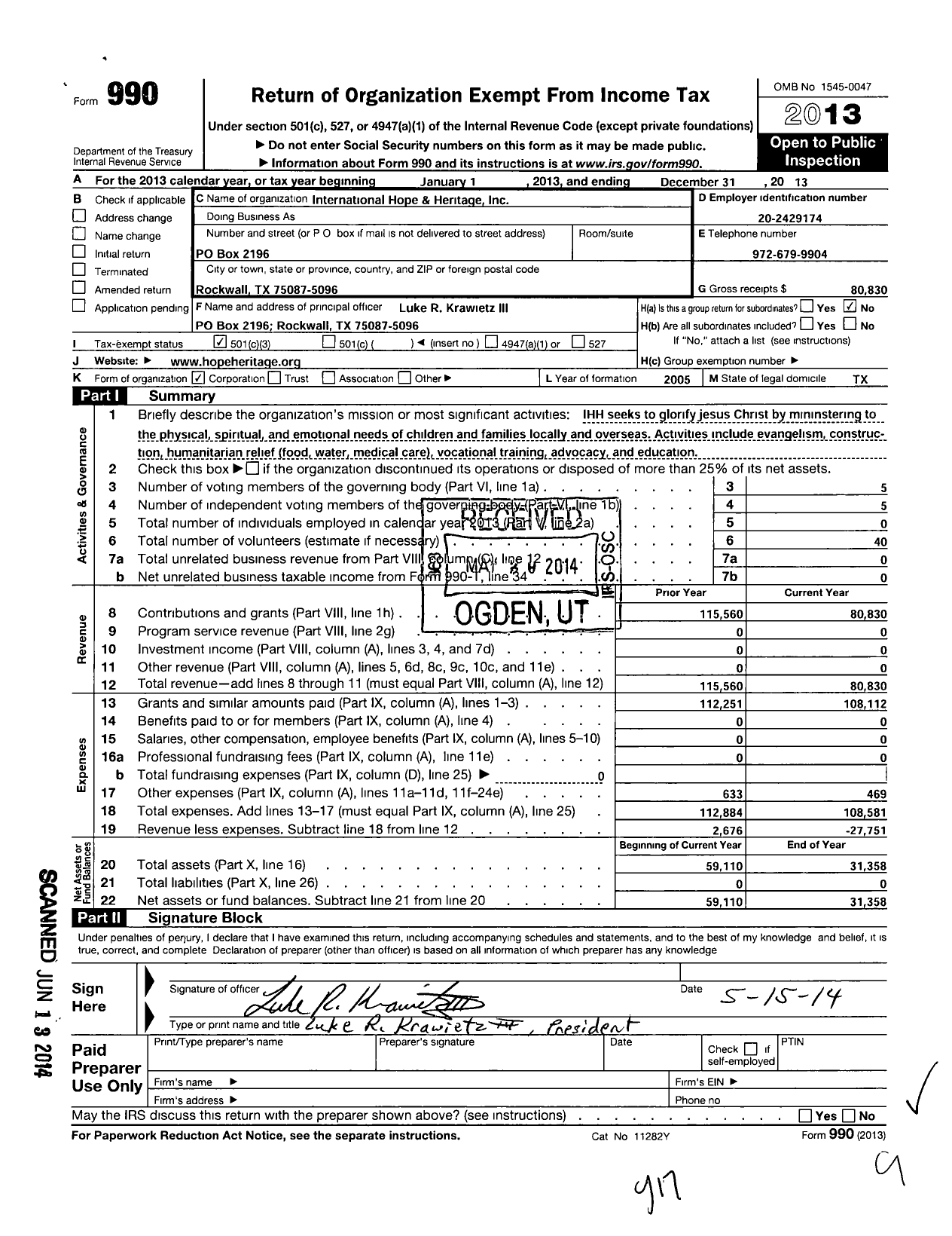 Image of first page of 2013 Form 990 for International Hope and Heritage