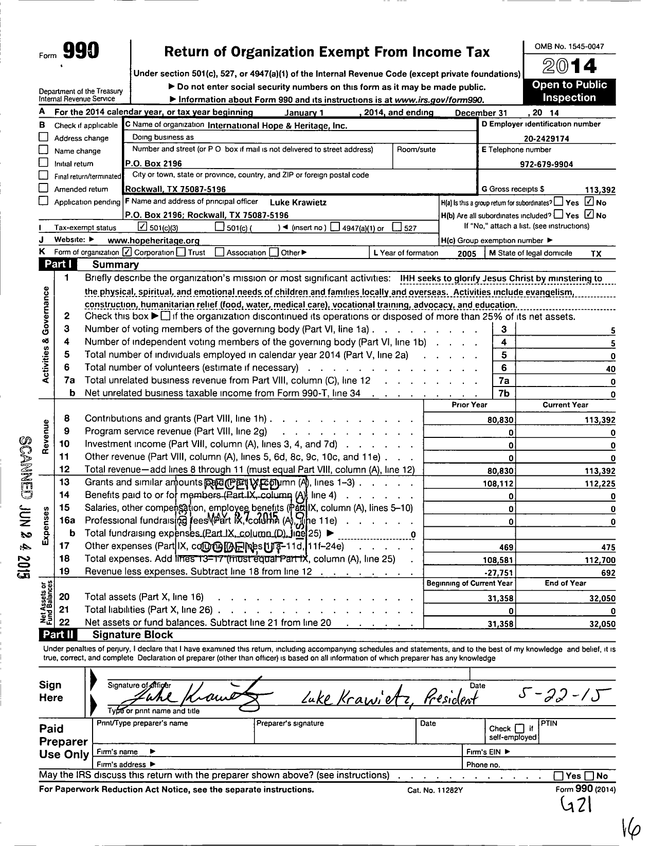 Image of first page of 2014 Form 990 for International Hope and Heritage