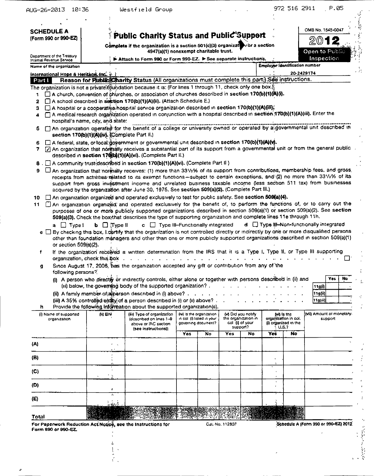 Image of first page of 2012 Form 990R for International Hope and Heritage