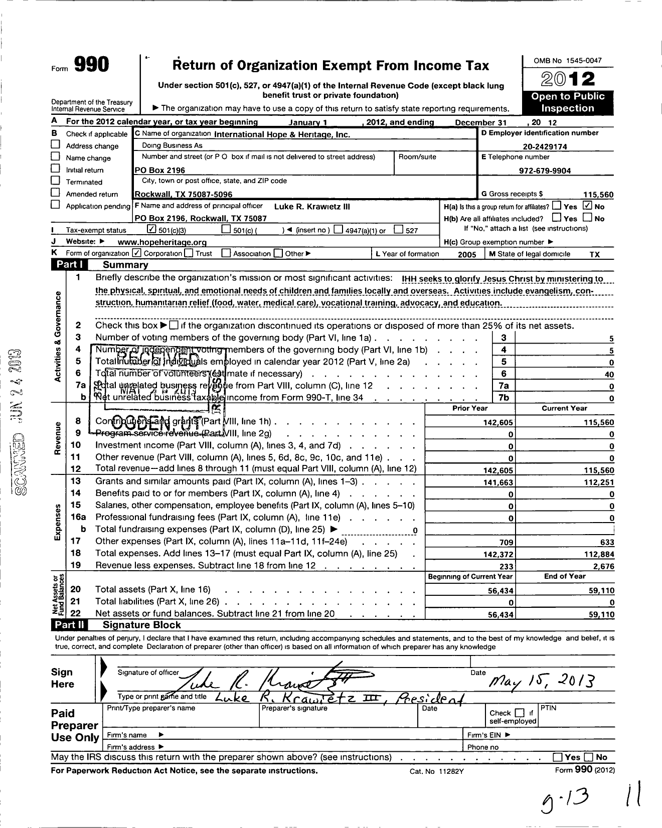 Image of first page of 2012 Form 990 for International Hope and Heritage