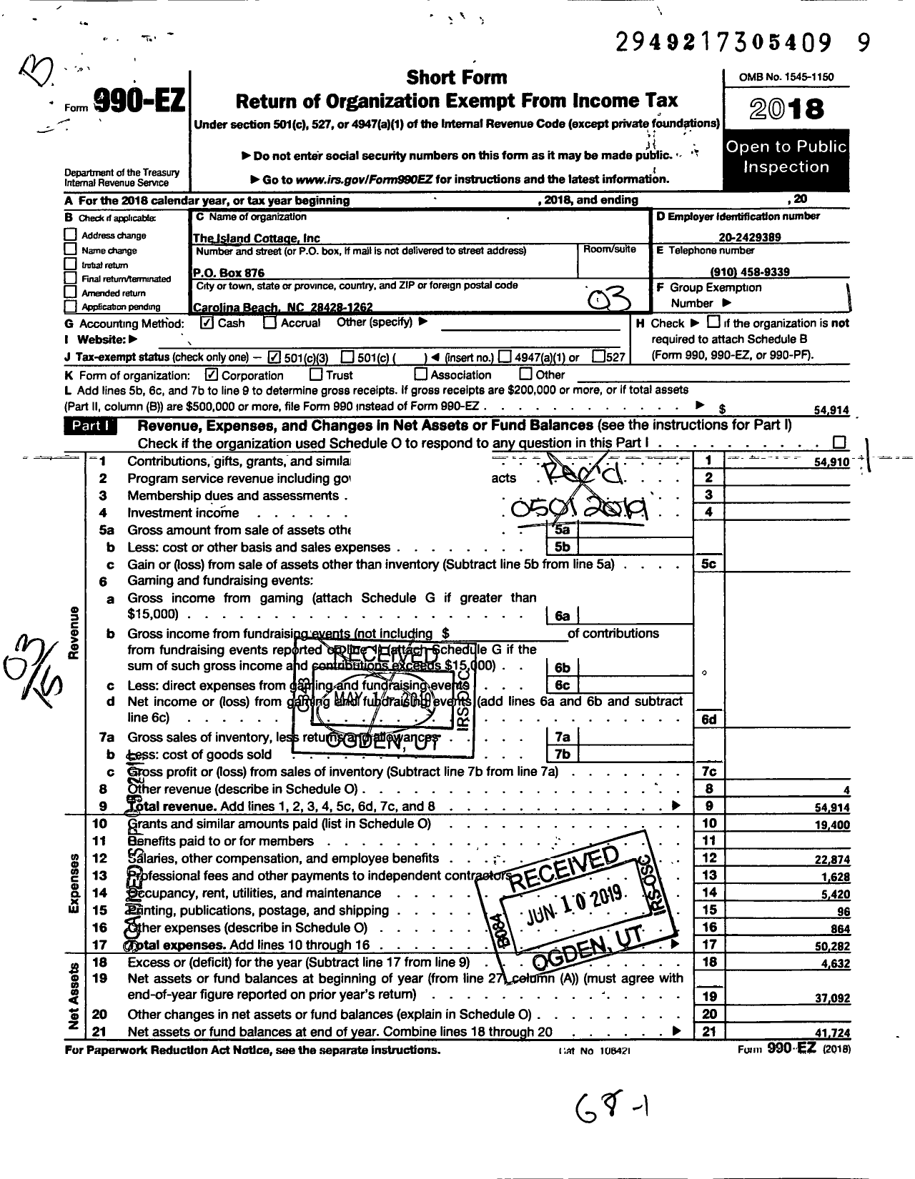 Image of first page of 2018 Form 990EZ for Island Cottage