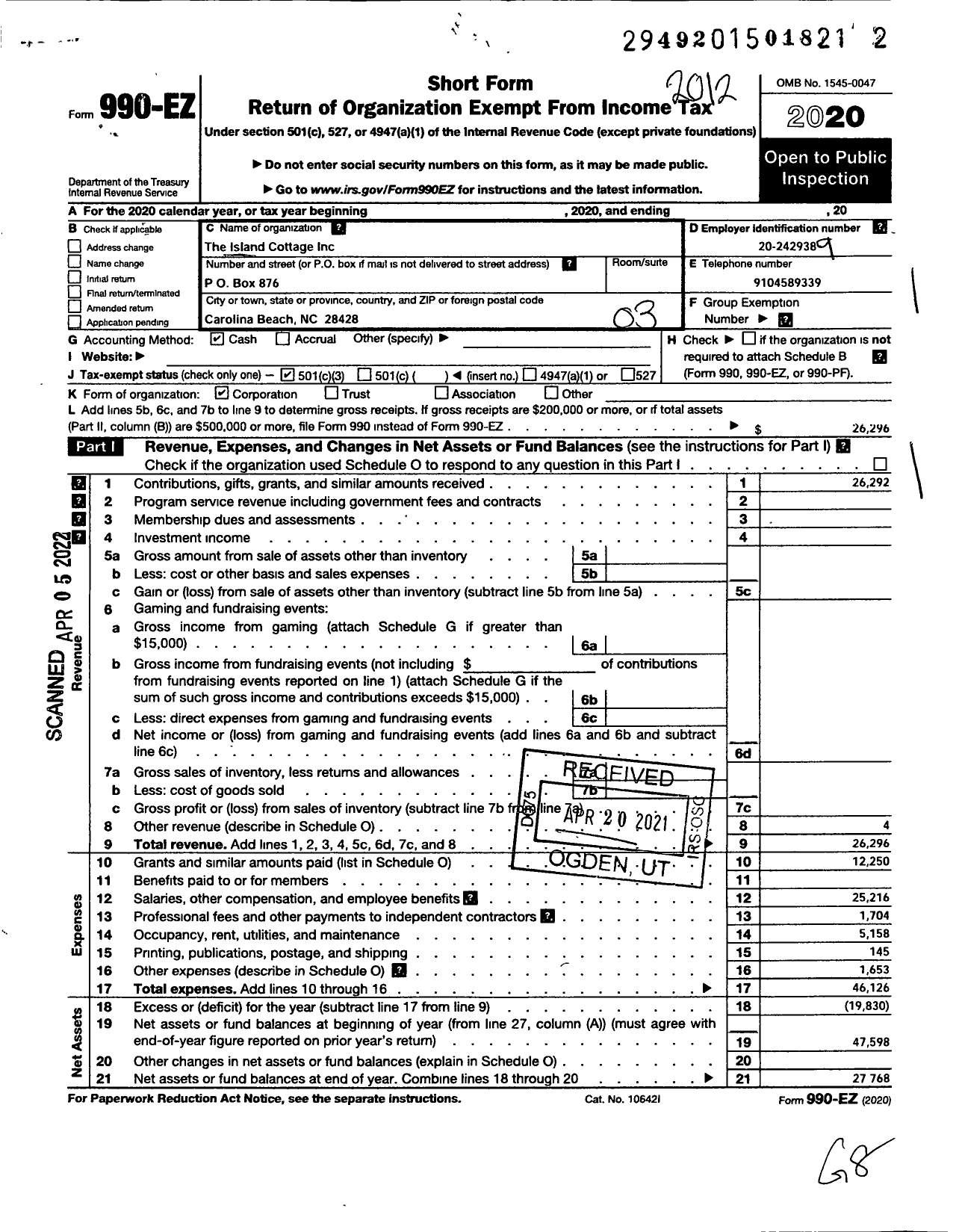 Image of first page of 2020 Form 990EZ for Island Cottage