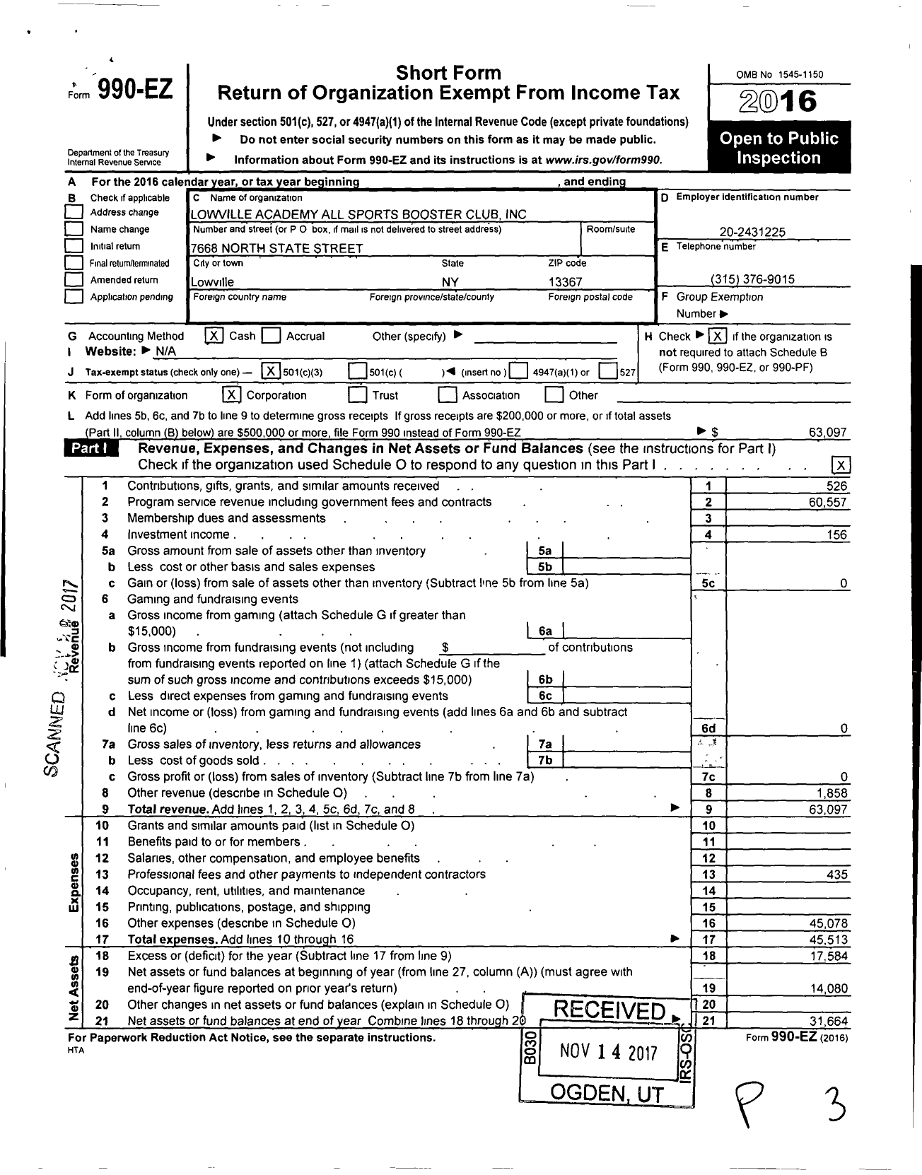 Image of first page of 2016 Form 990EZ for Lowville Academy All Sports Booster Club