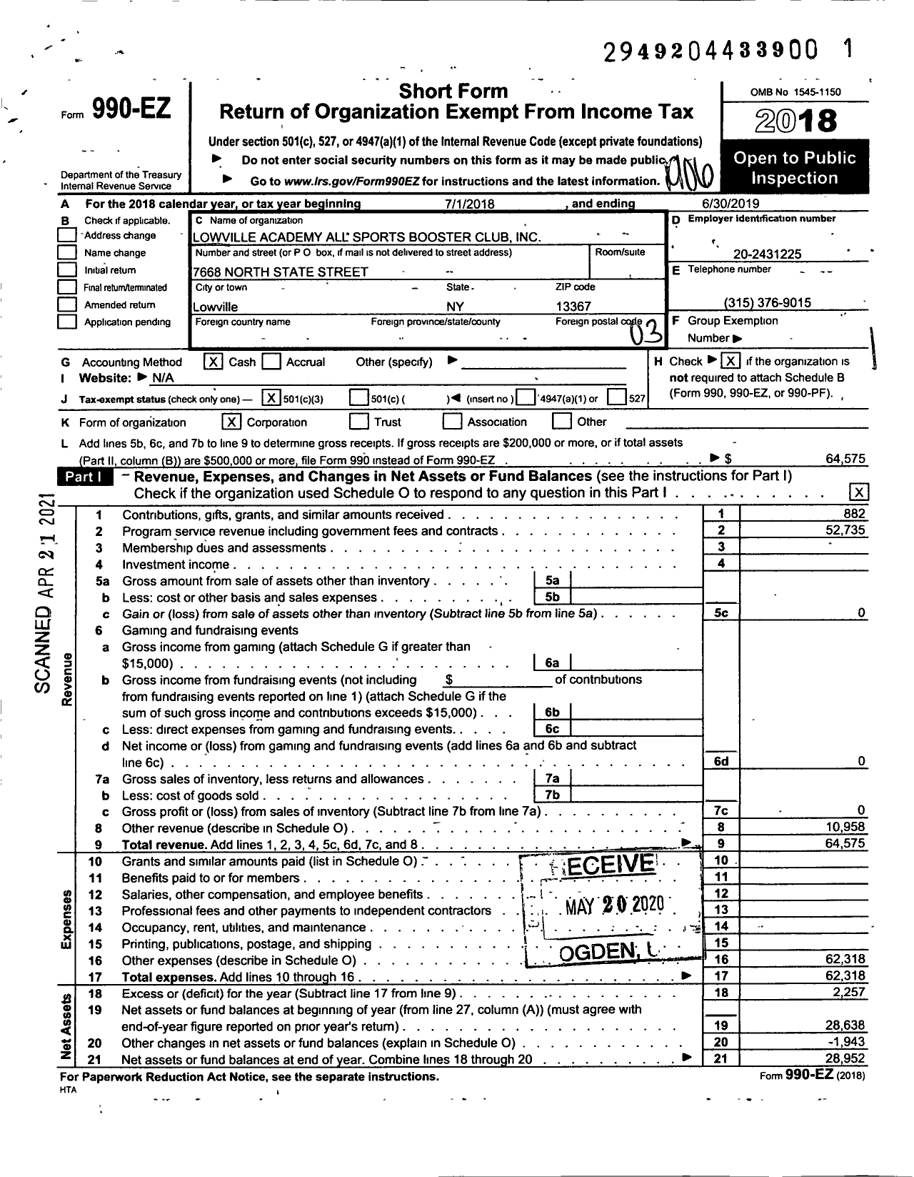 Image of first page of 2018 Form 990EZ for Lowville Academy All Sports Booster Club