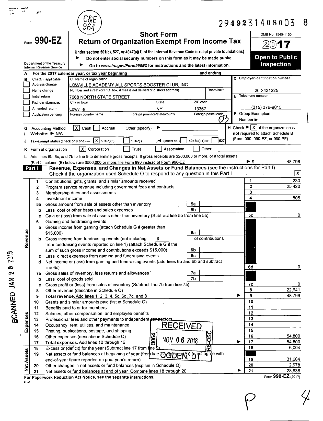 Image of first page of 2017 Form 990EZ for Lowville Academy All Sports Booster Club