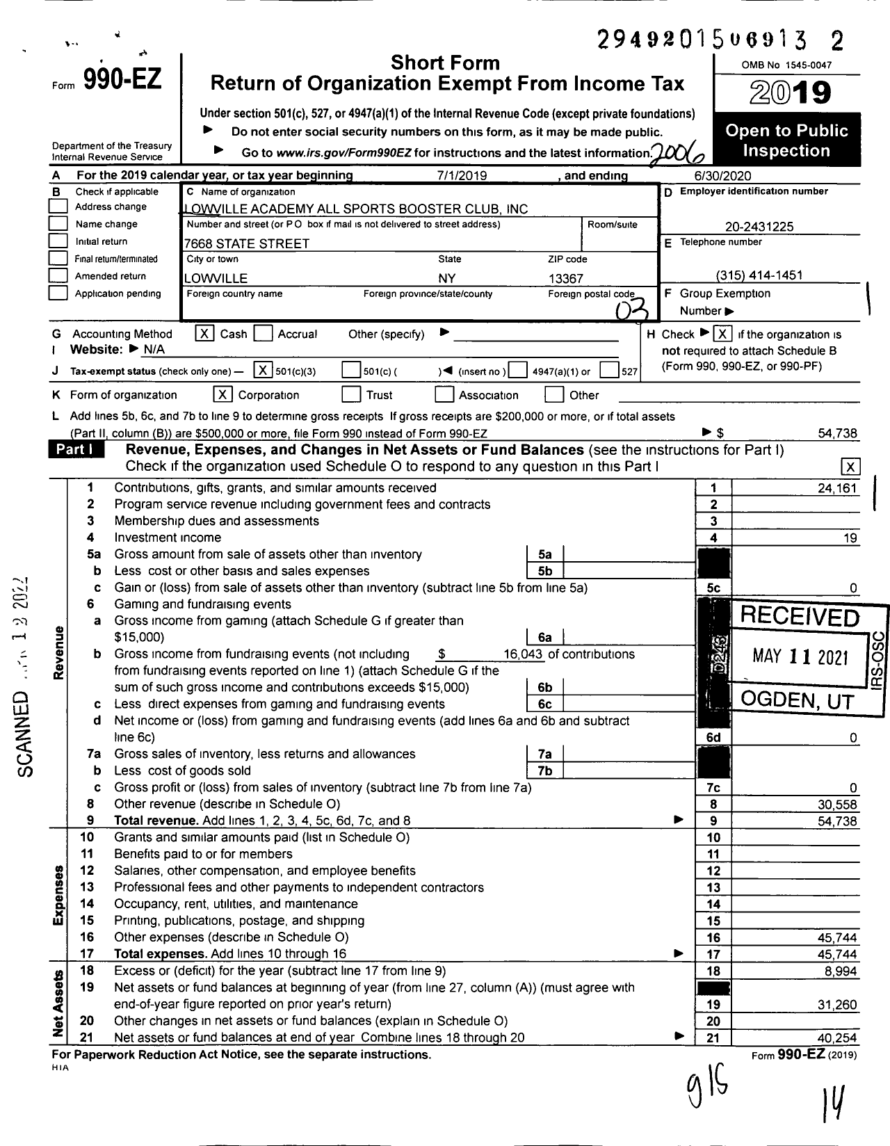 Image of first page of 2019 Form 990EZ for Lowville Academy All Sports Booster Club