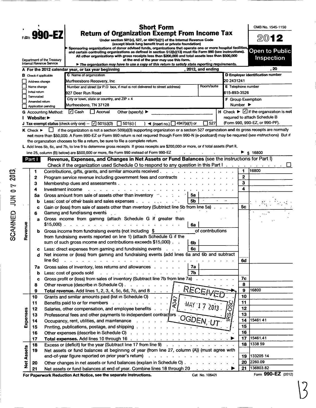 Image of first page of 2012 Form 990EZ for Murfreesboro Recovery