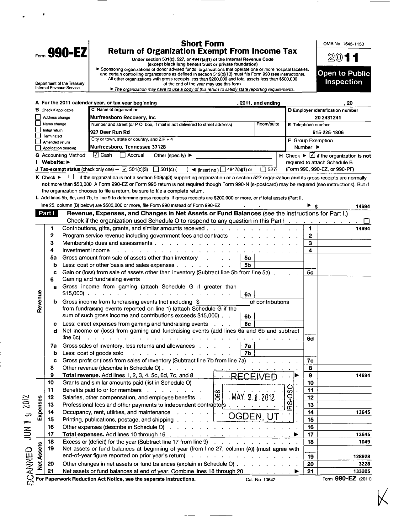 Image of first page of 2011 Form 990EZ for Murfreesboro Recovery