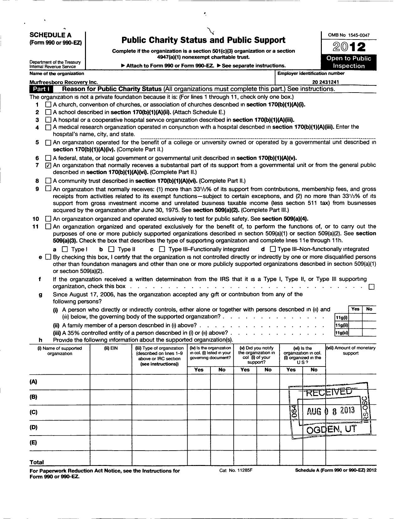 Image of first page of 2012 Form 990ER for Murfreesboro Recovery