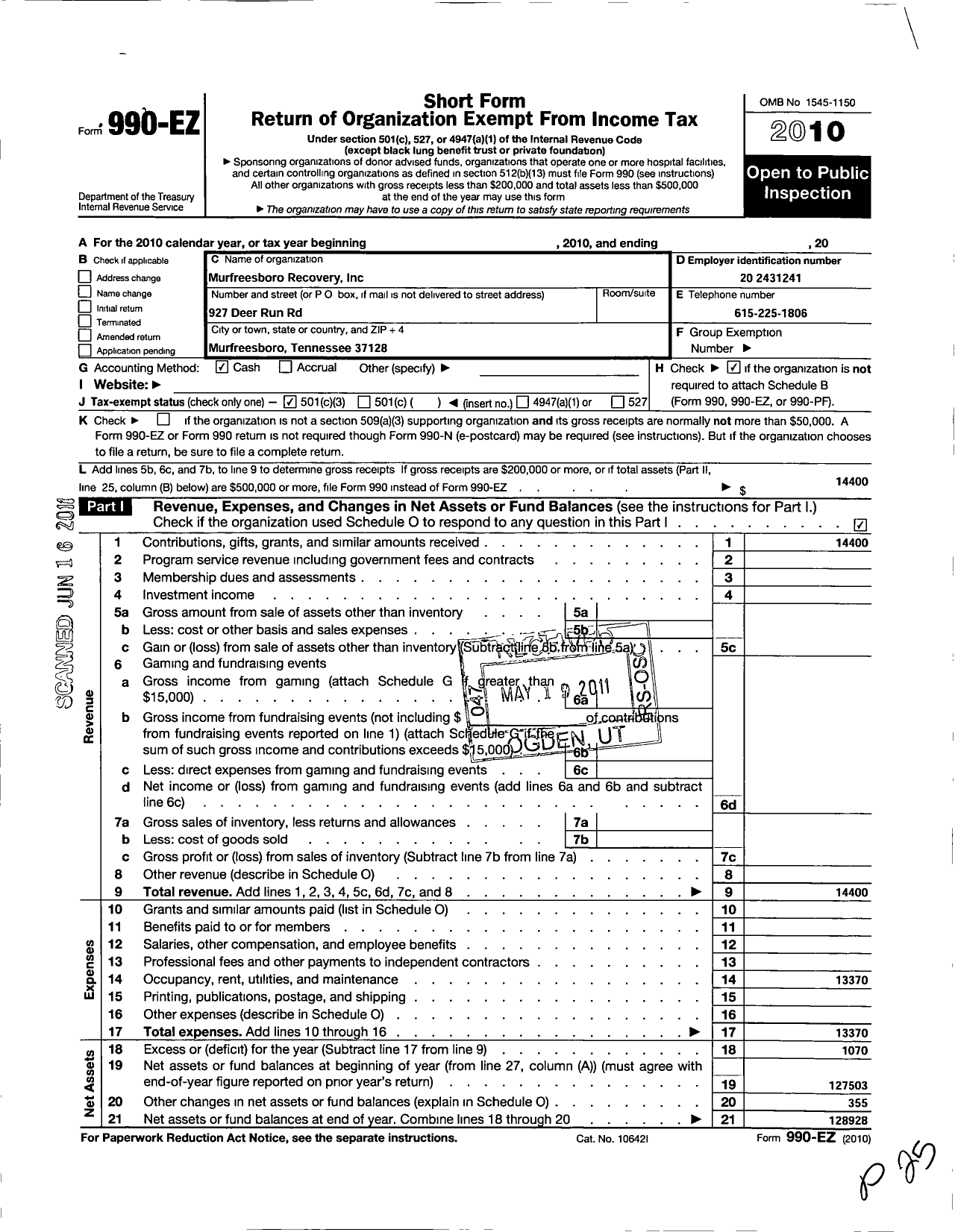 Image of first page of 2010 Form 990EZ for Murfreesboro Recovery