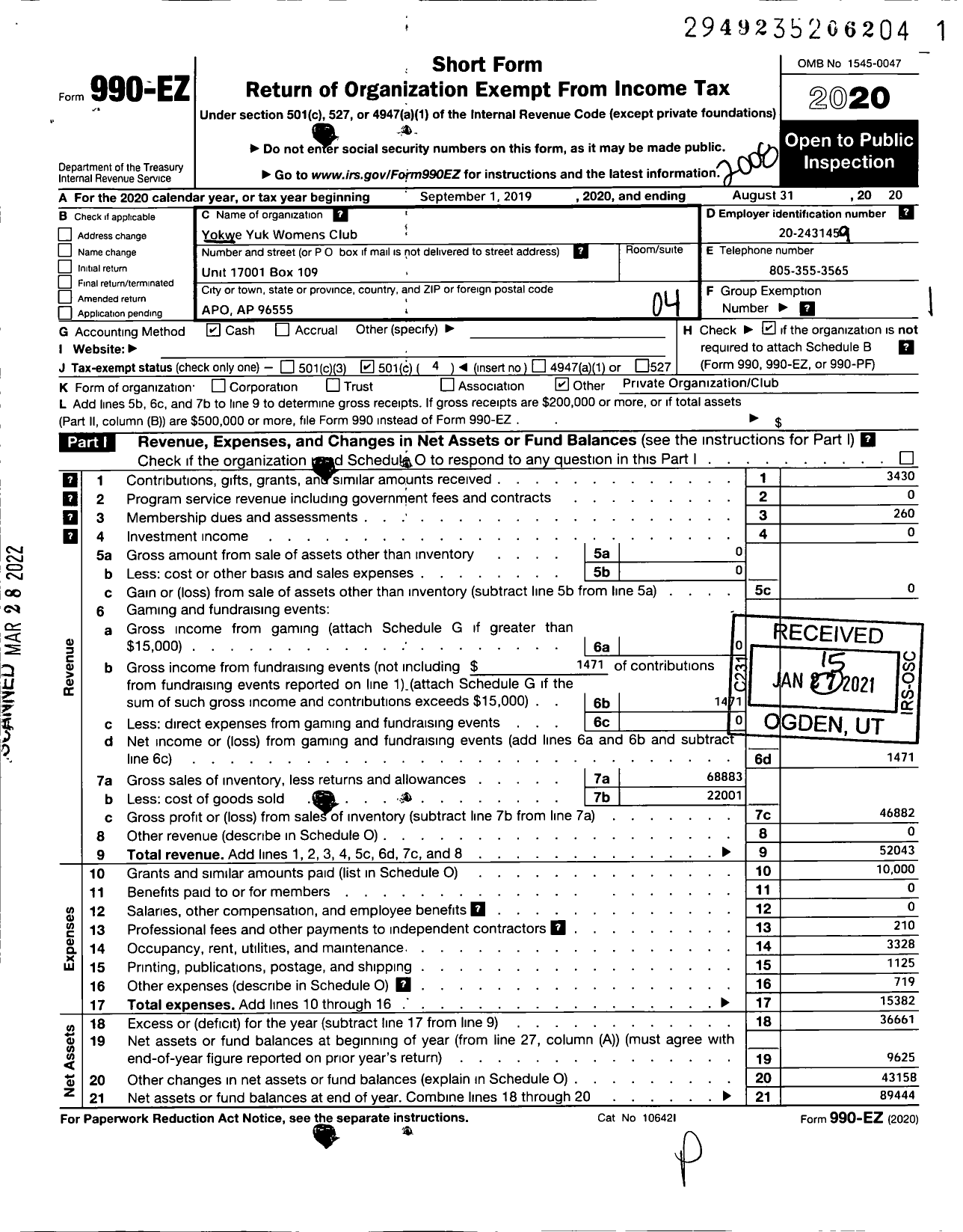 Image of first page of 2019 Form 990EO for Yokwe Yuk Womens Club