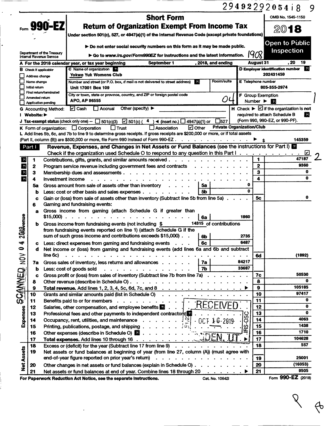 Image of first page of 2018 Form 990EO for Yokwe Yuk Womens Club