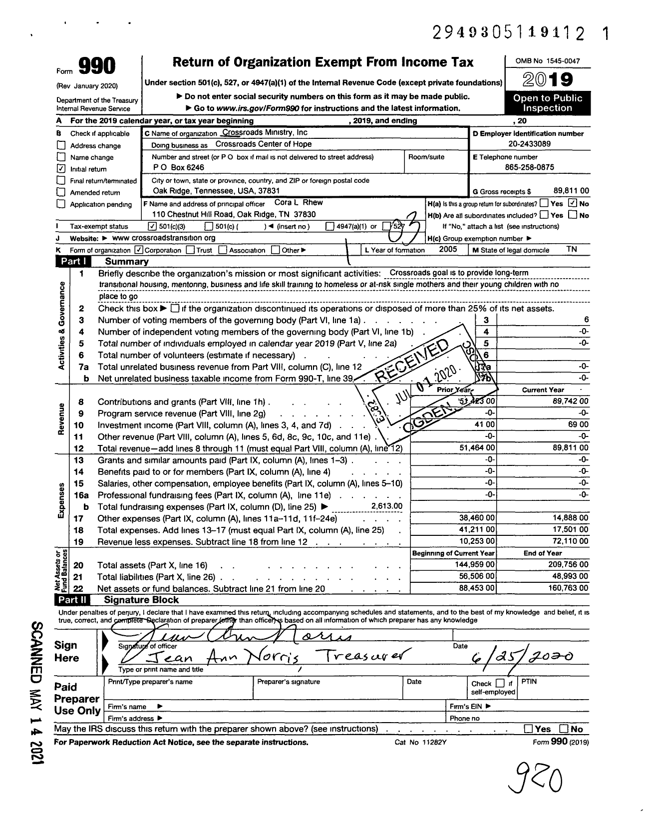 Image of first page of 2019 Form 990 for Crossroads Center of Hope