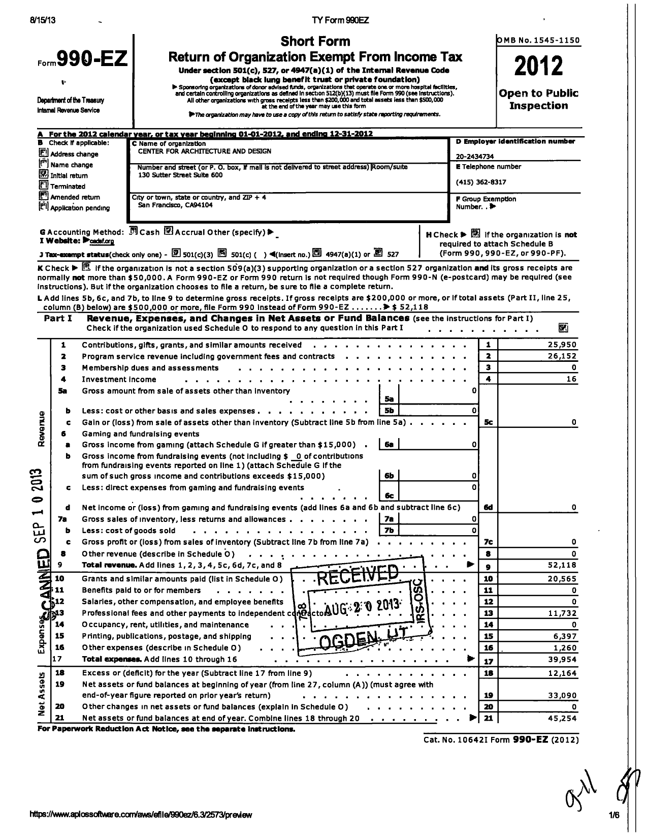 Image of first page of 2012 Form 990EZ for Center for Architecture and Design