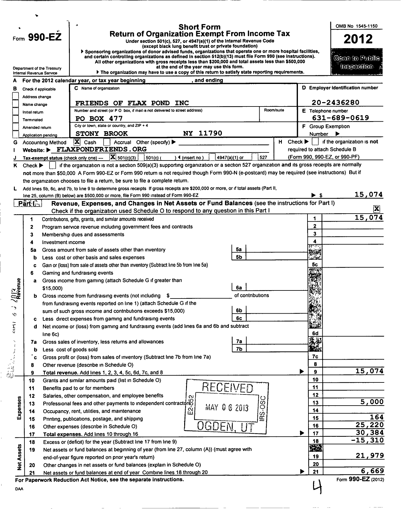 Image of first page of 2012 Form 990EZ for Friends of Flax Pond