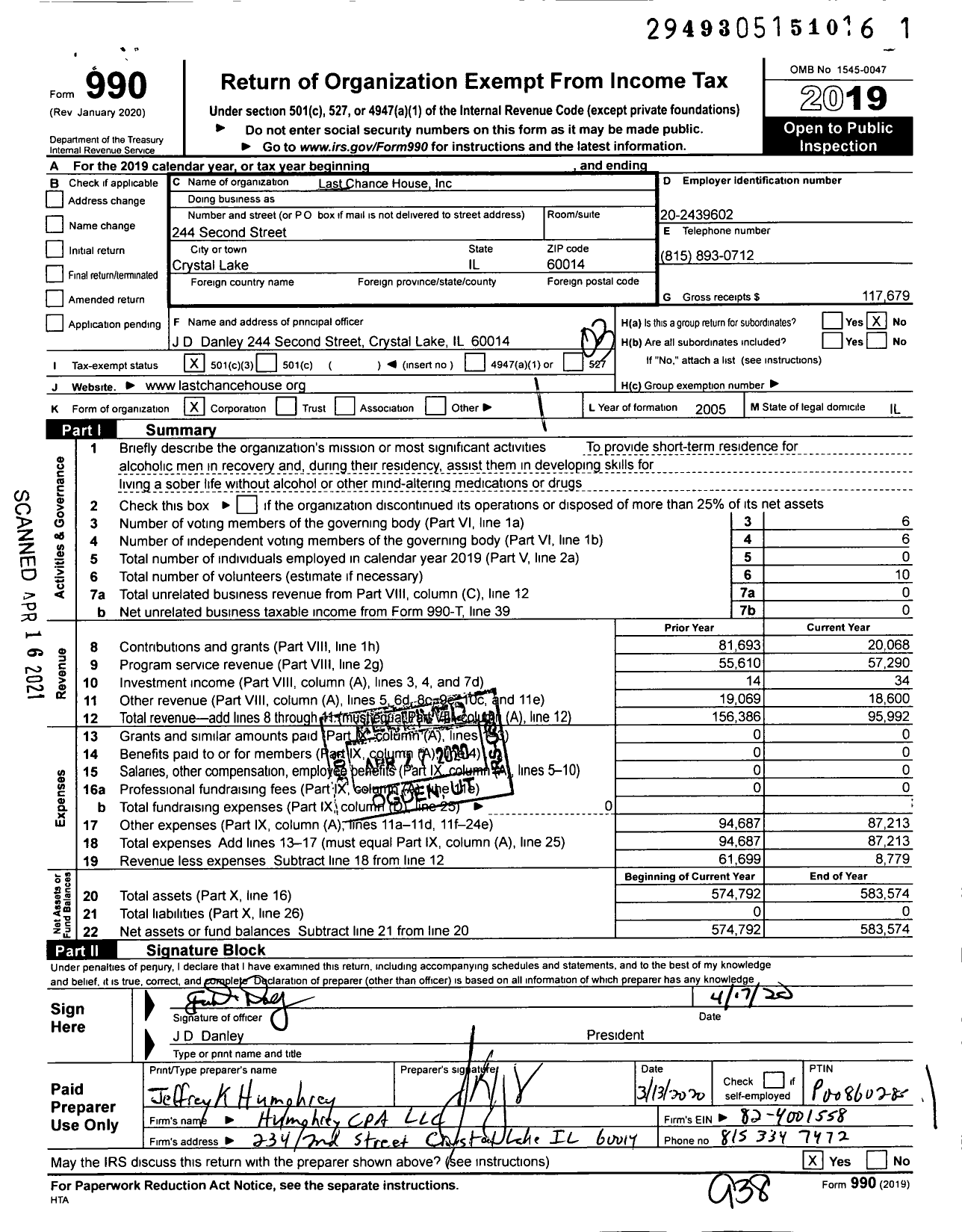 Image of first page of 2019 Form 990 for Last Chance House