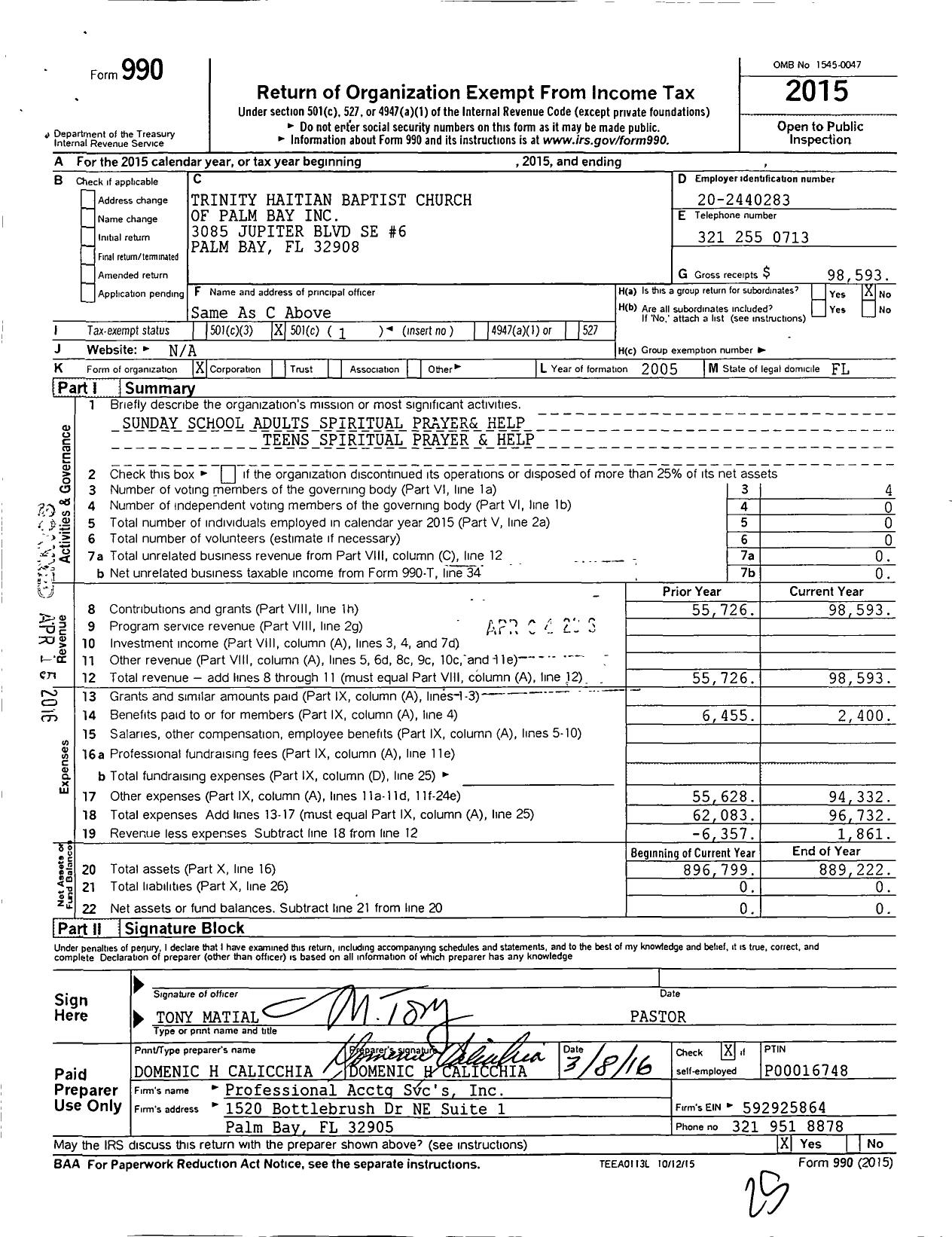 Image of first page of 2015 Form 990O for Trinity Haitian Baptist Church