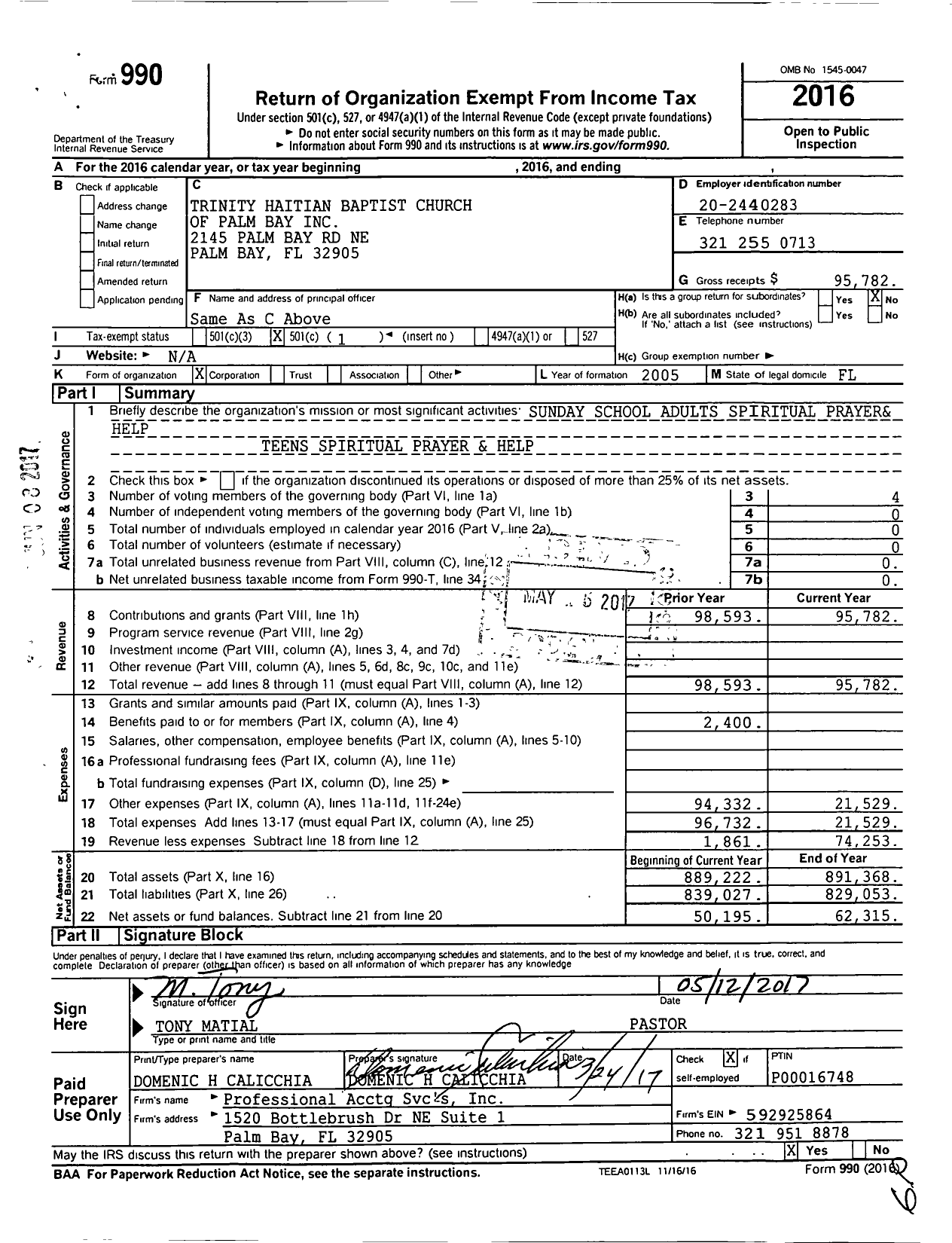 Image of first page of 2016 Form 990O for Trinity Haitian Baptist Church