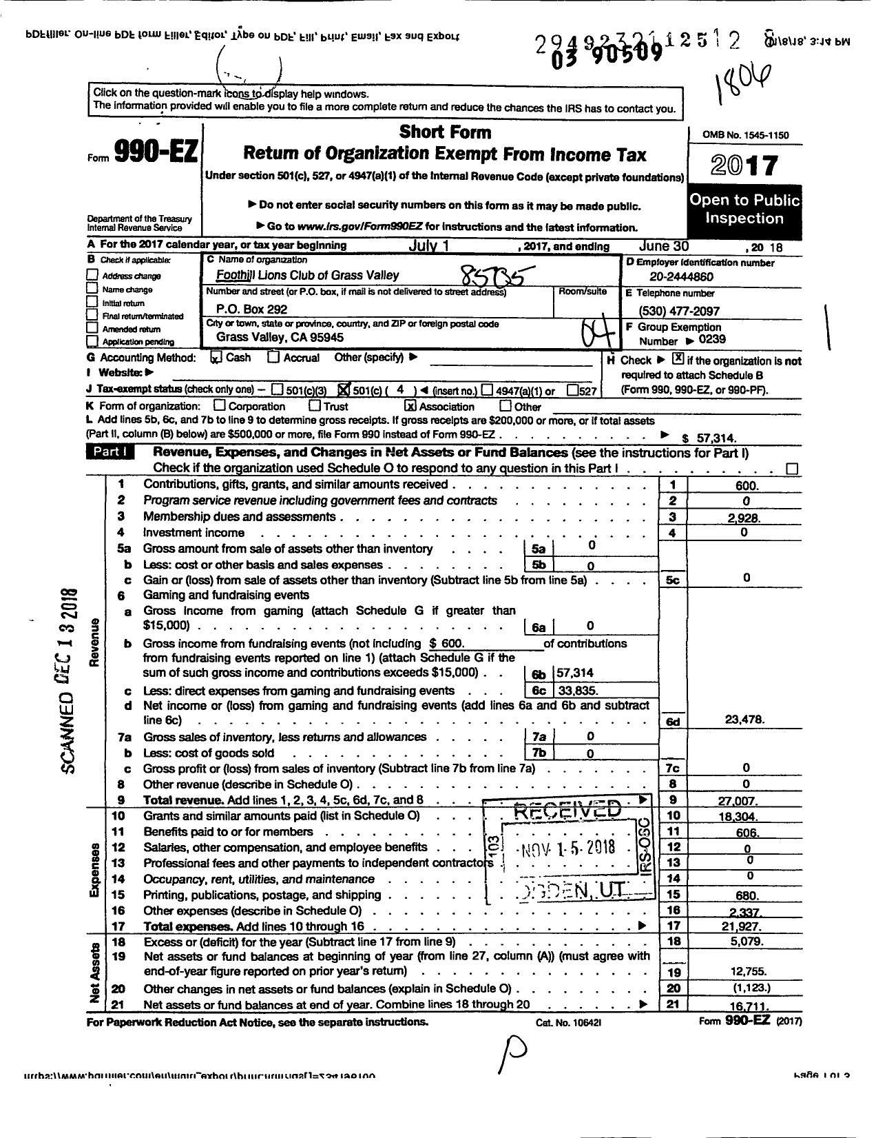 Image of first page of 2017 Form 990EO for Foothill Lions Club of Grass Valley