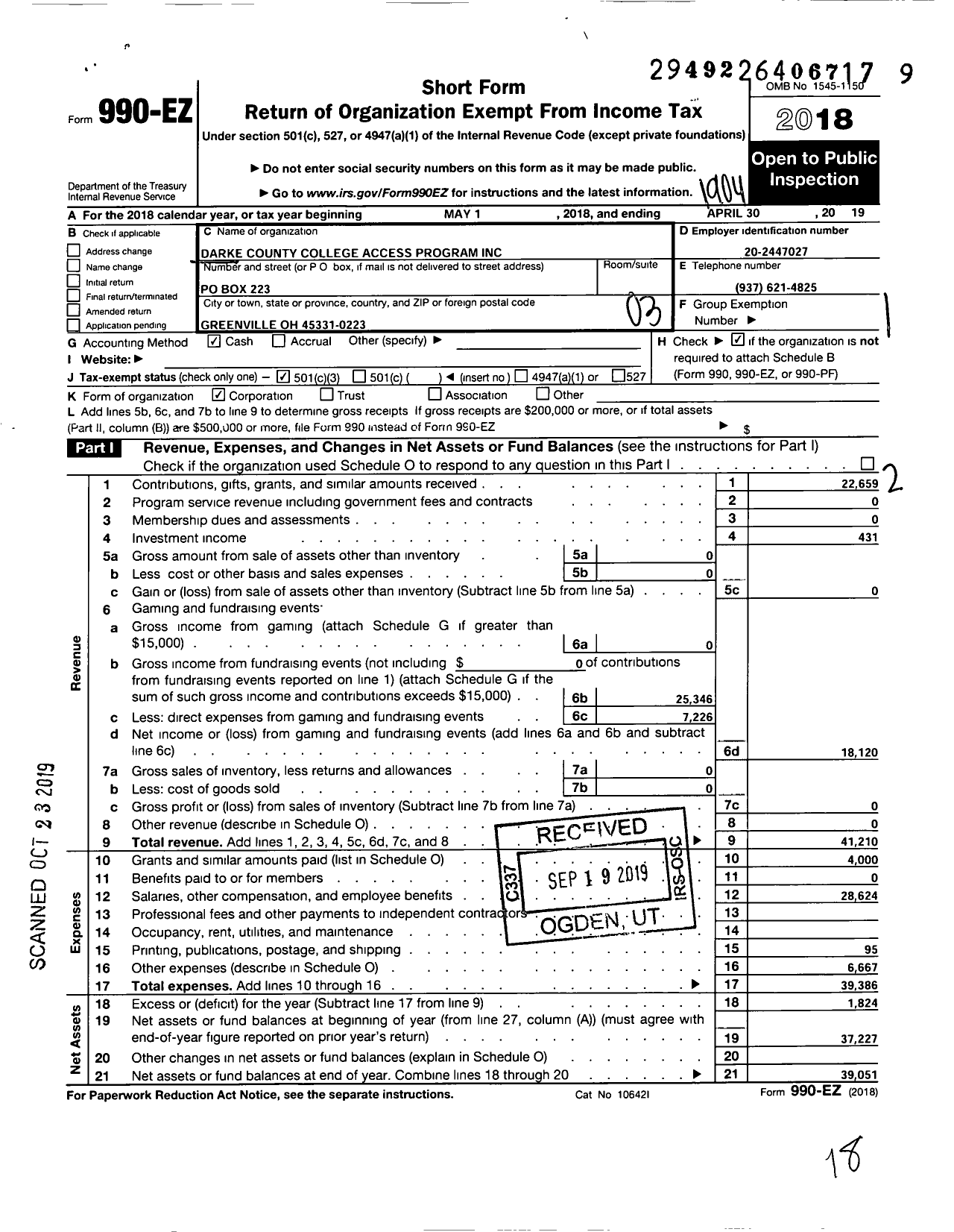 Image of first page of 2018 Form 990EZ for Darke County College Access Program