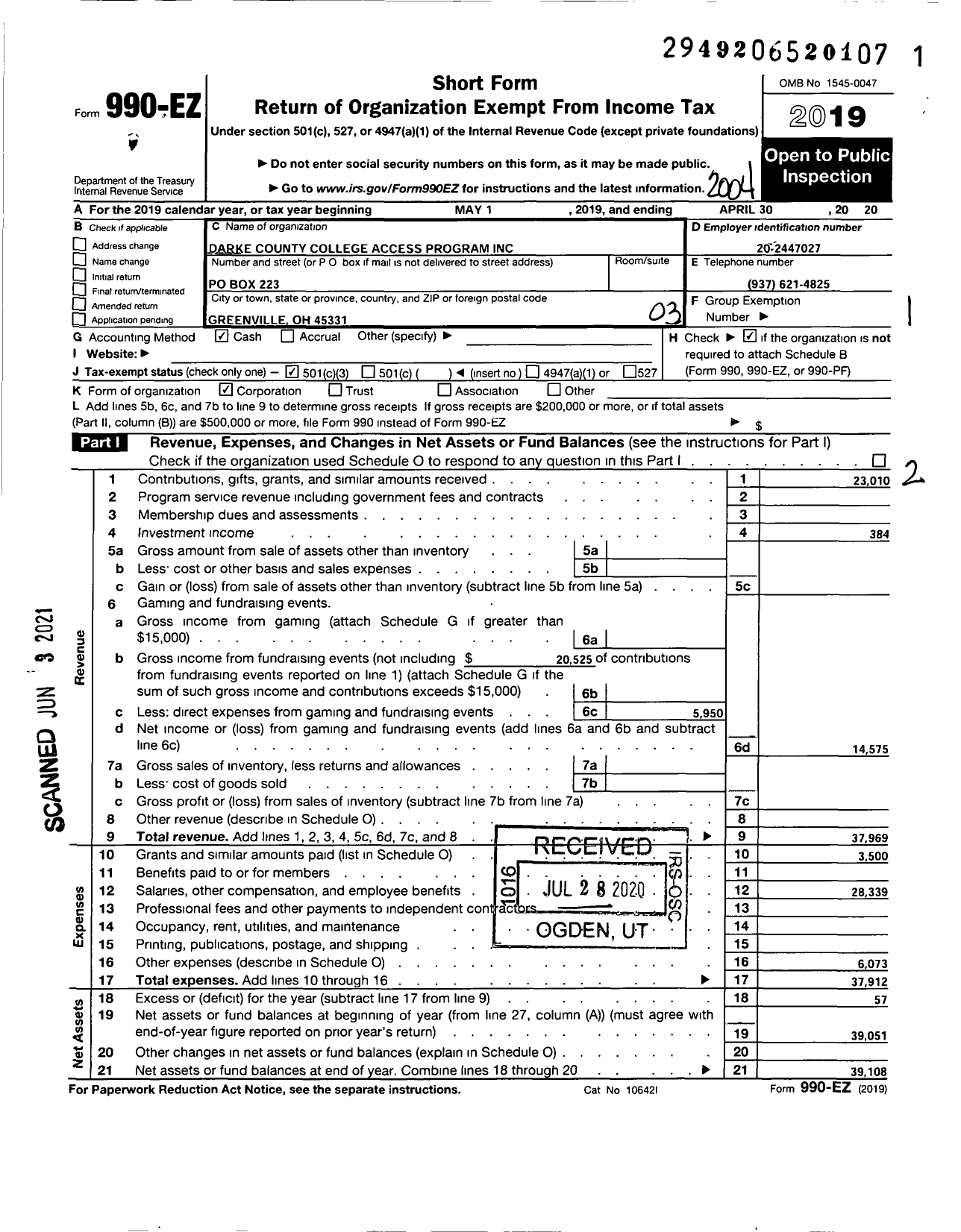 Image of first page of 2019 Form 990EZ for Darke County College Access Program