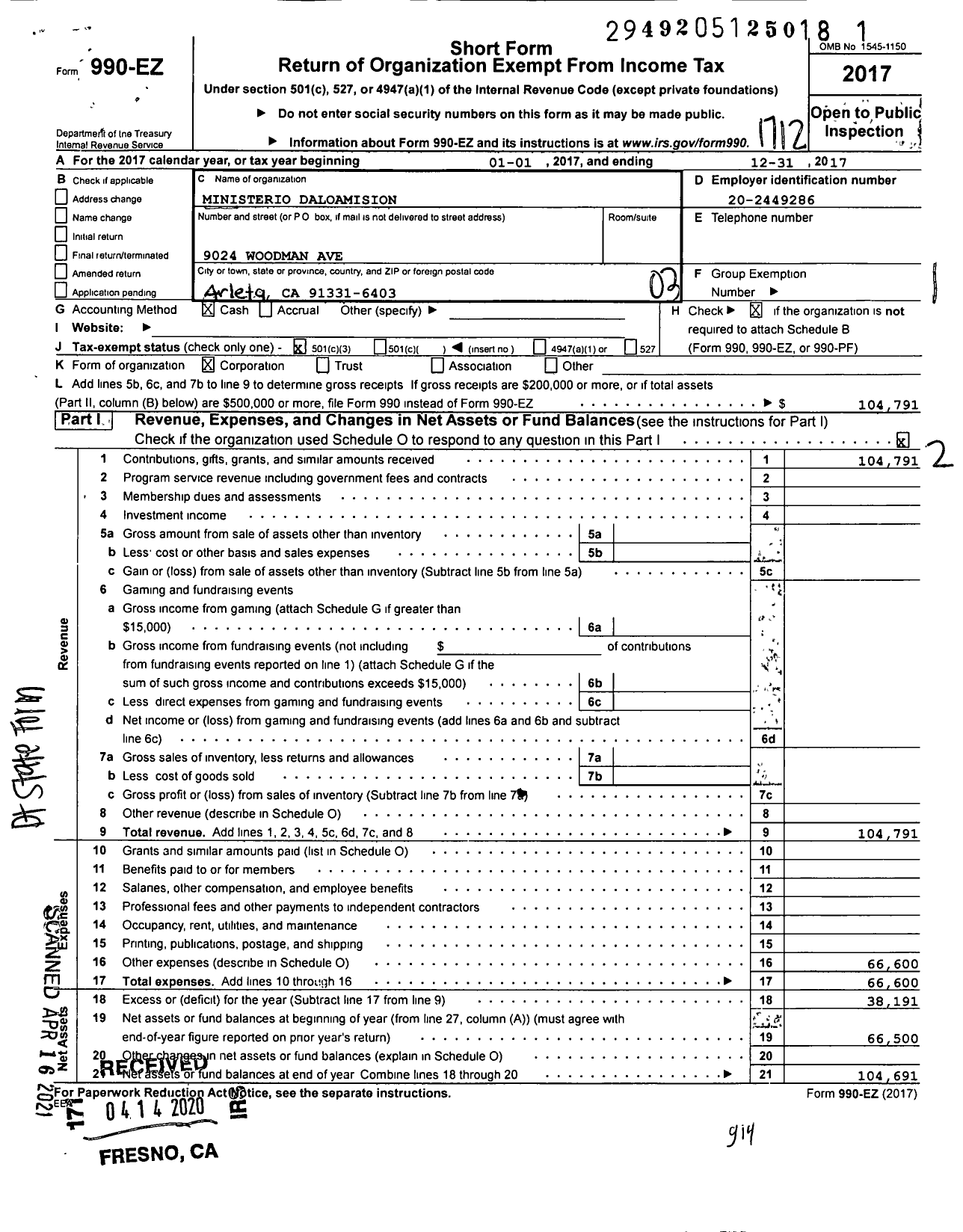 Image of first page of 2017 Form 990EZ for Ministerio Daloamision