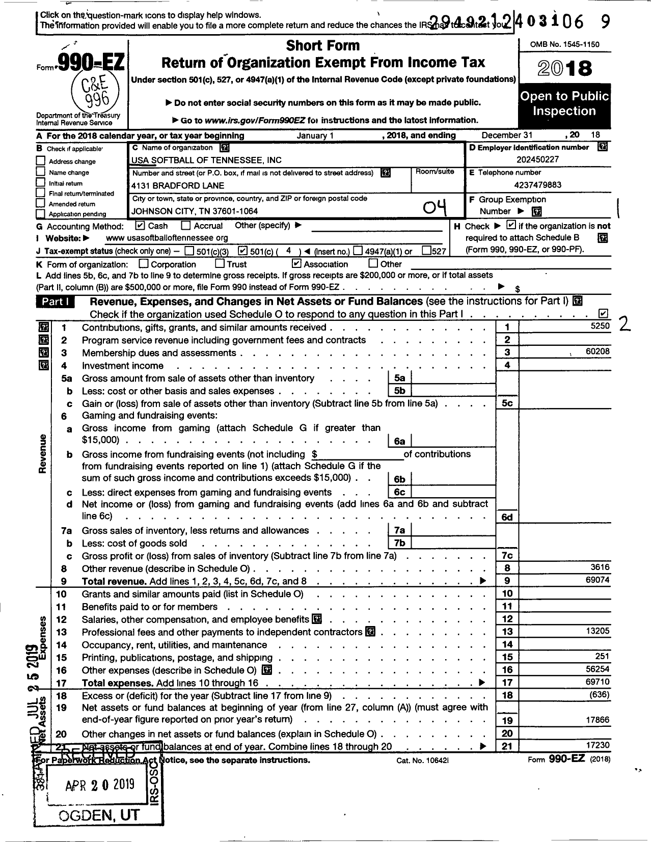 Image of first page of 2018 Form 990EO for USA Softball of Tennessee