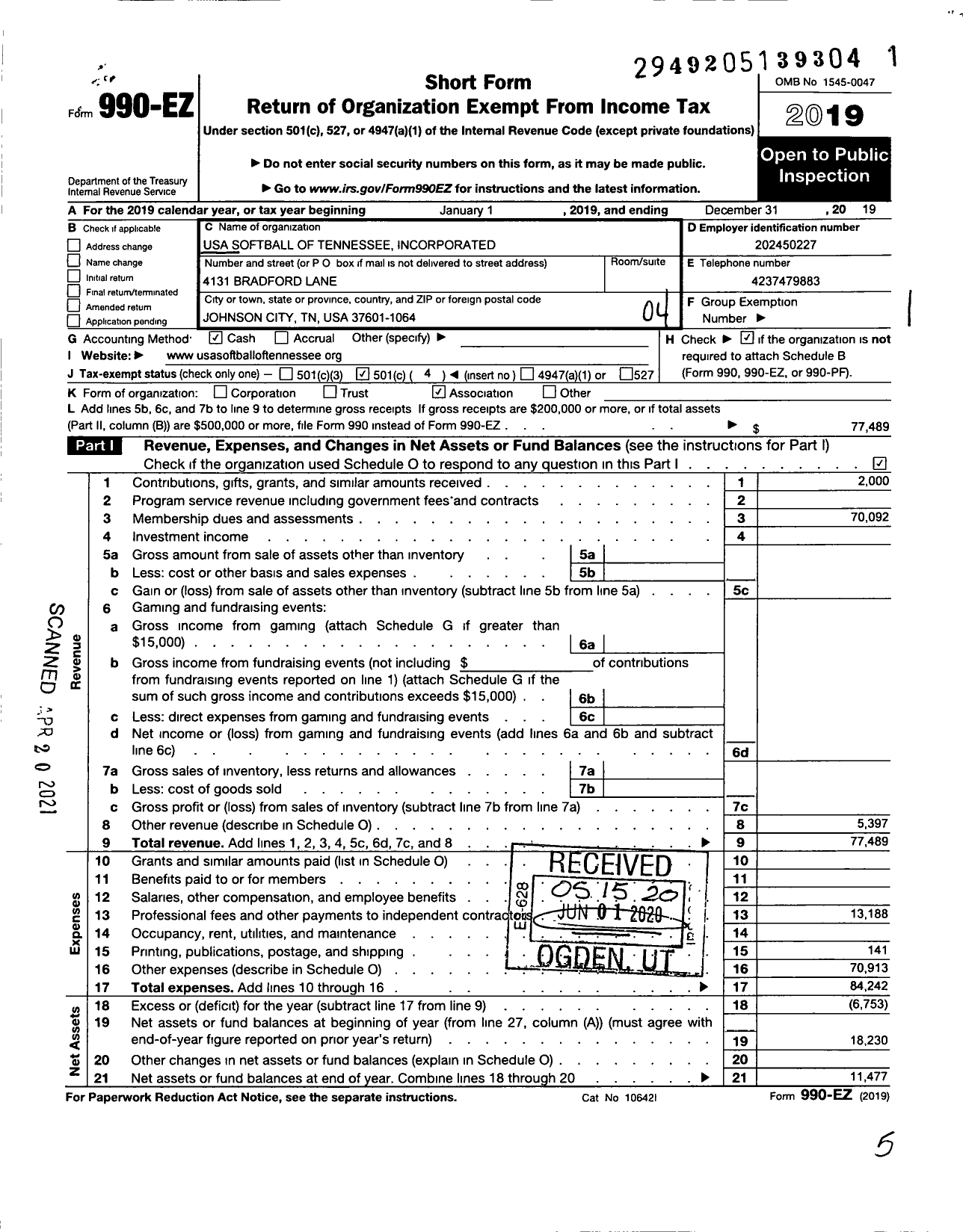 Image of first page of 2019 Form 990EO for USA Softball of Tennessee