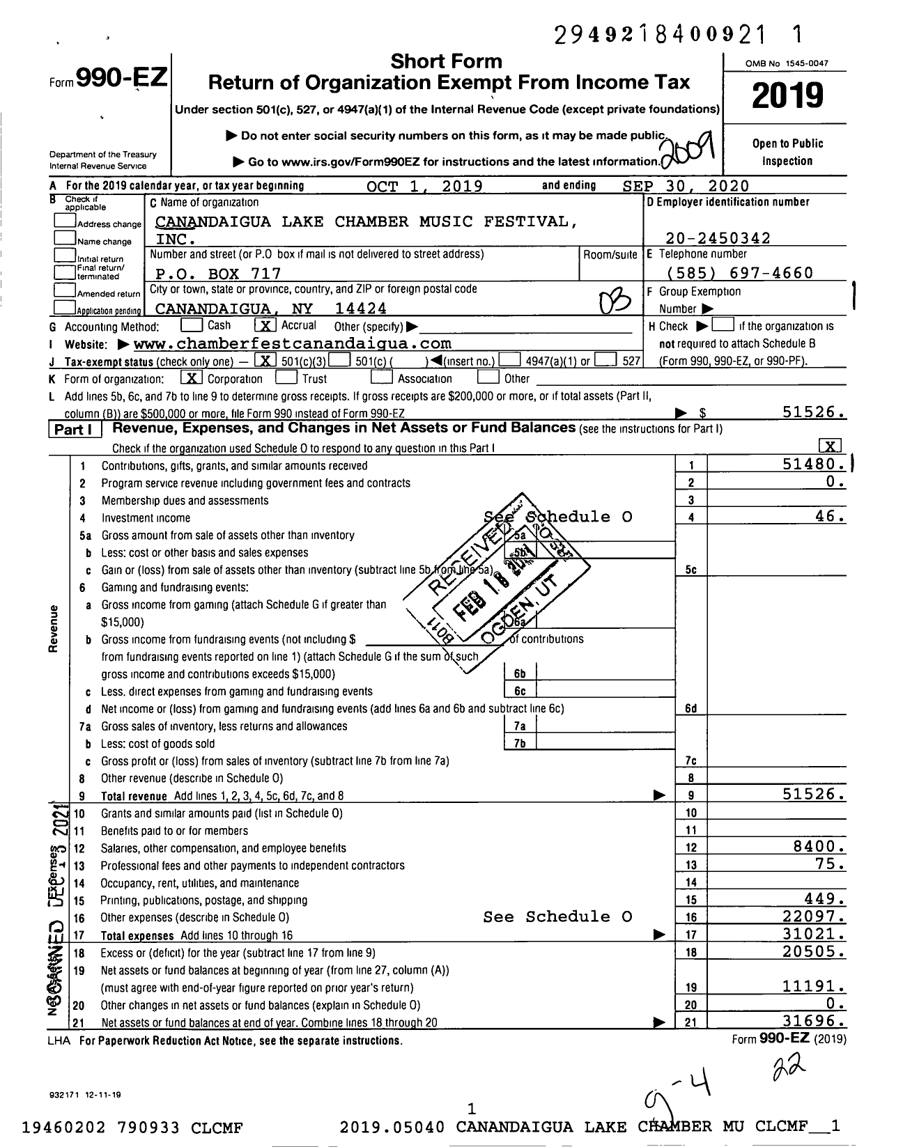 Image of first page of 2019 Form 990EZ for Canandaigua Lake Chamber Music Festival