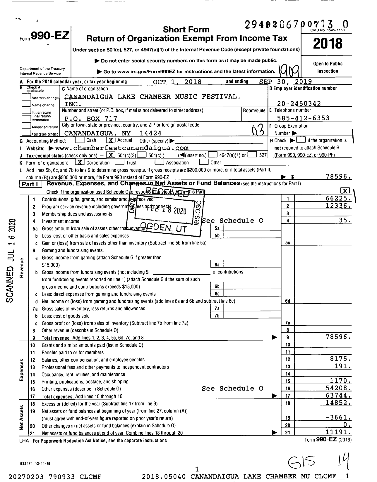 Image of first page of 2018 Form 990EZ for Canandaigua Lake Chamber Music Festival