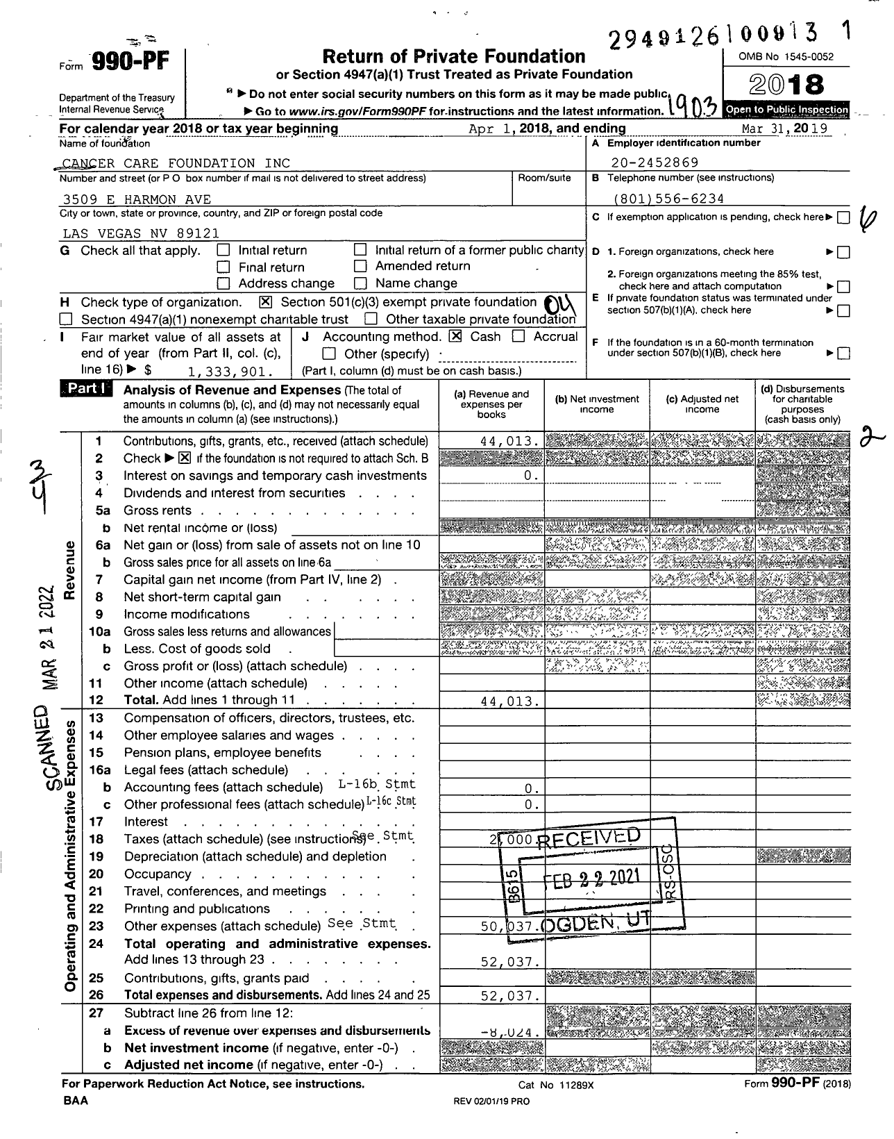 Image of first page of 2018 Form 990PF for Cancer Care Foundation