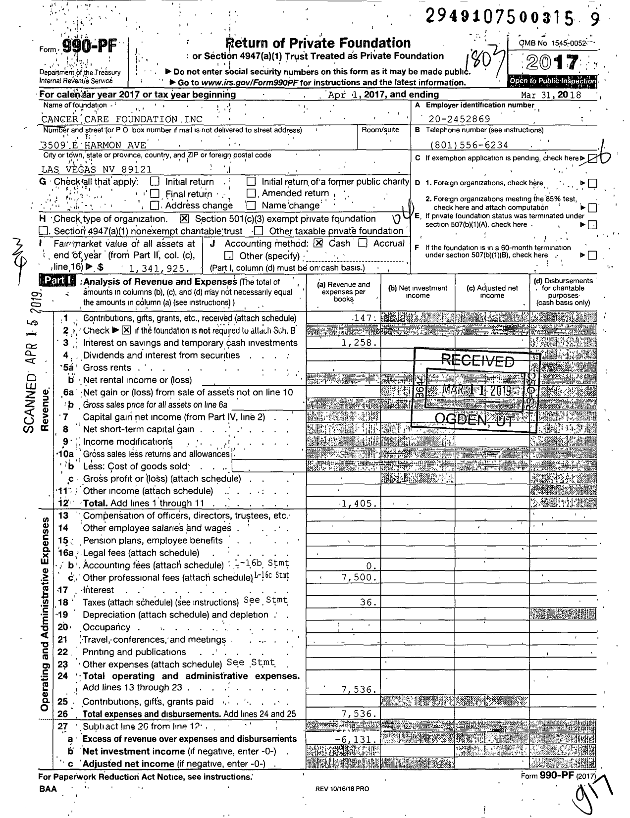 Image of first page of 2017 Form 990PF for Cancer Care Foundation